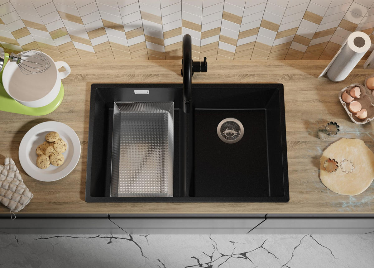 SPÜLBECKEN London Slim Twin, 2-er set Alles Schwarz 76/47 cm 2 Becken + Ablauf-Set ab 80er Unterschrank - Schwarz, Kunststoff (76/20/47cm) - Primagran
