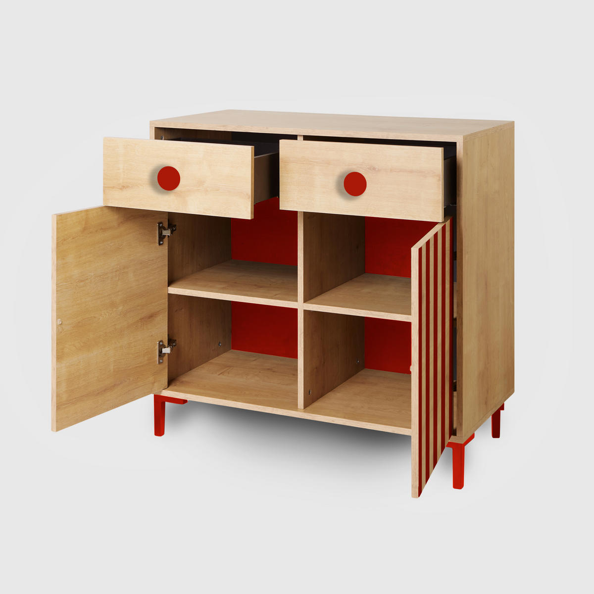 KOMMODE mit 2 Türen und 2 Schubladen ALISE Kids - Rot/Eiche Artisan, Holzwerkstoff (90/85/45cm) - RNT By Really Nice Things