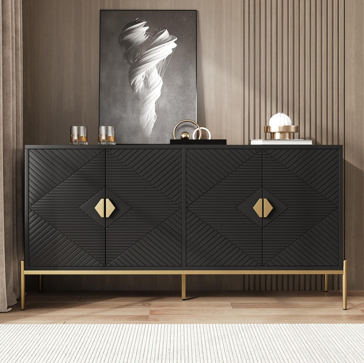 KOMMODE 162/40/80 cm aus MDF und Holzwerkstoff mit 4 Türen Schwarz - Schwarz, Holzwerkstoff (162/80/40cm) - Modenvie