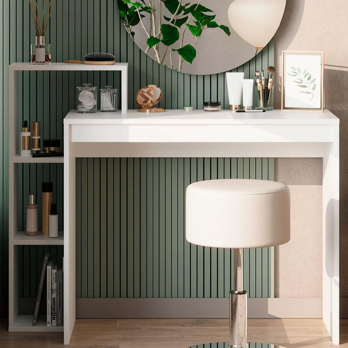 SCHMINKTISCH Leo Weiß 100 cm mit Spiegel und Hocker - Weiß, Holzwerkstoff (100/90/40cm) - Vicco