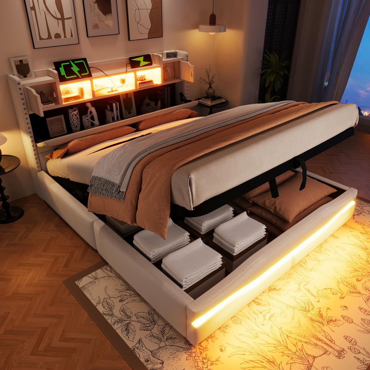 POLSTERBETT 160/200 cm Beige mit Stauraum, LED-Beleuchtung und USB-/Type-C-Anschlüssen - Beige, Textil (160/200cm) - Flora Grace