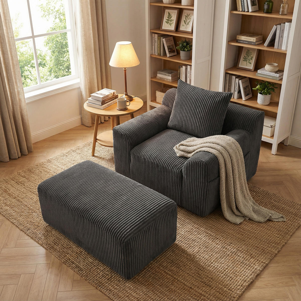 SESSEL mit Hocker in Cord Übergroßer Relaxsessel - Dunkelgrau, Textil (147/67/110cm) - Urban Meuble