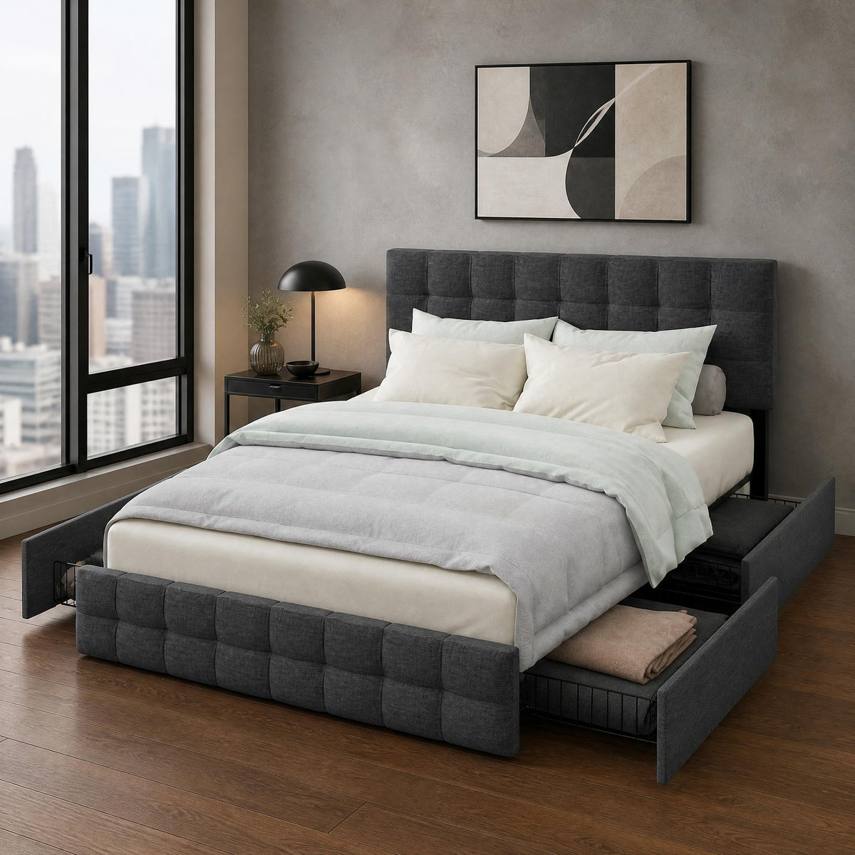 POLSTERBETT 140/200 mit 4 Schubladen, verstellbarem Kopfteil und Metalllattenrost in Grau - Grau, Textil/Metall (140/200cm) - EVRYAE
