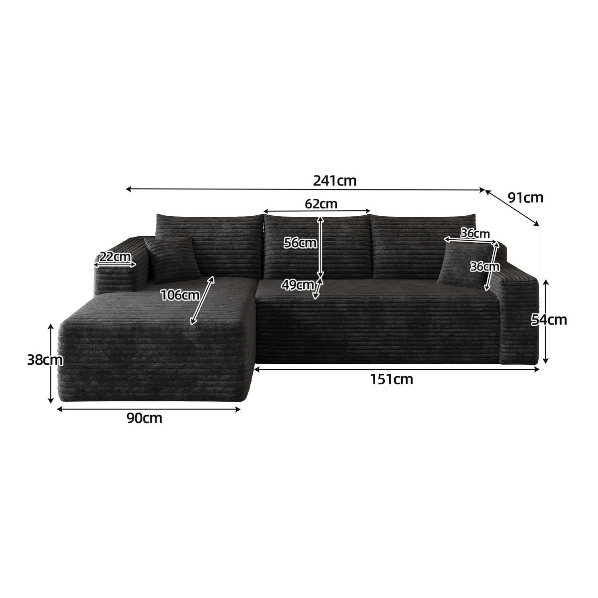 L-FÖRMIGES ECKSOFA Schwarz 241/151/58 cm 3-Sitzer Cordstoff Deep-Seat Ohne Montage - Schwarz, Textil (241/151cm) - PANGIVO