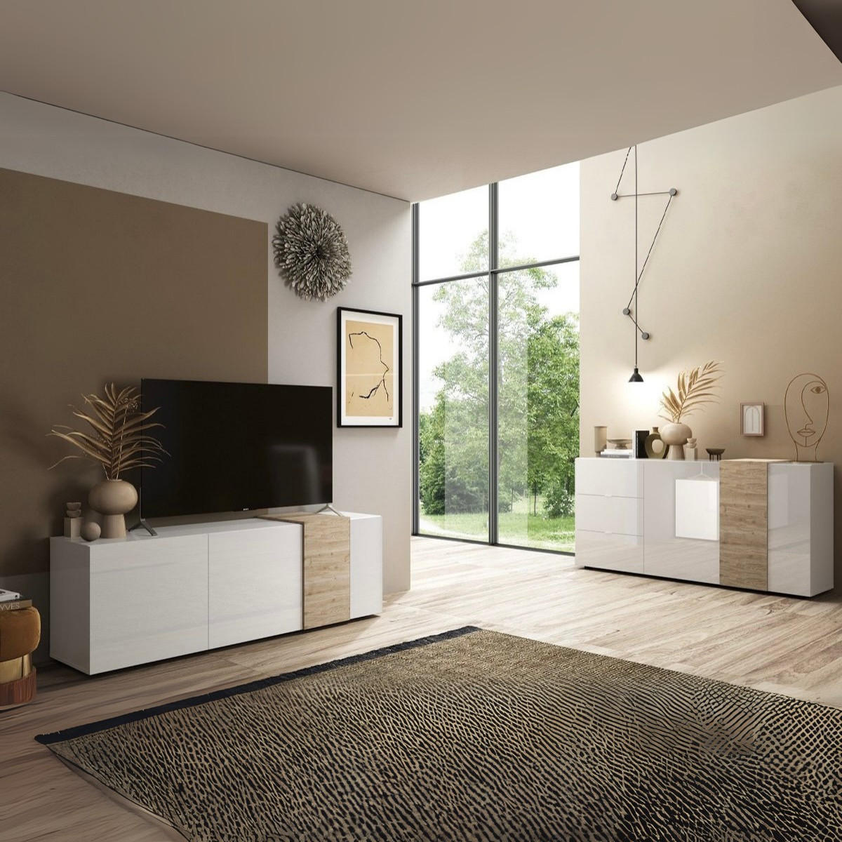 TV-MÖBEL 3 Schwingtüren Pluton - L181 cm - Weiß, Holzwerkstoff (44/57/181cm) - Calicosy