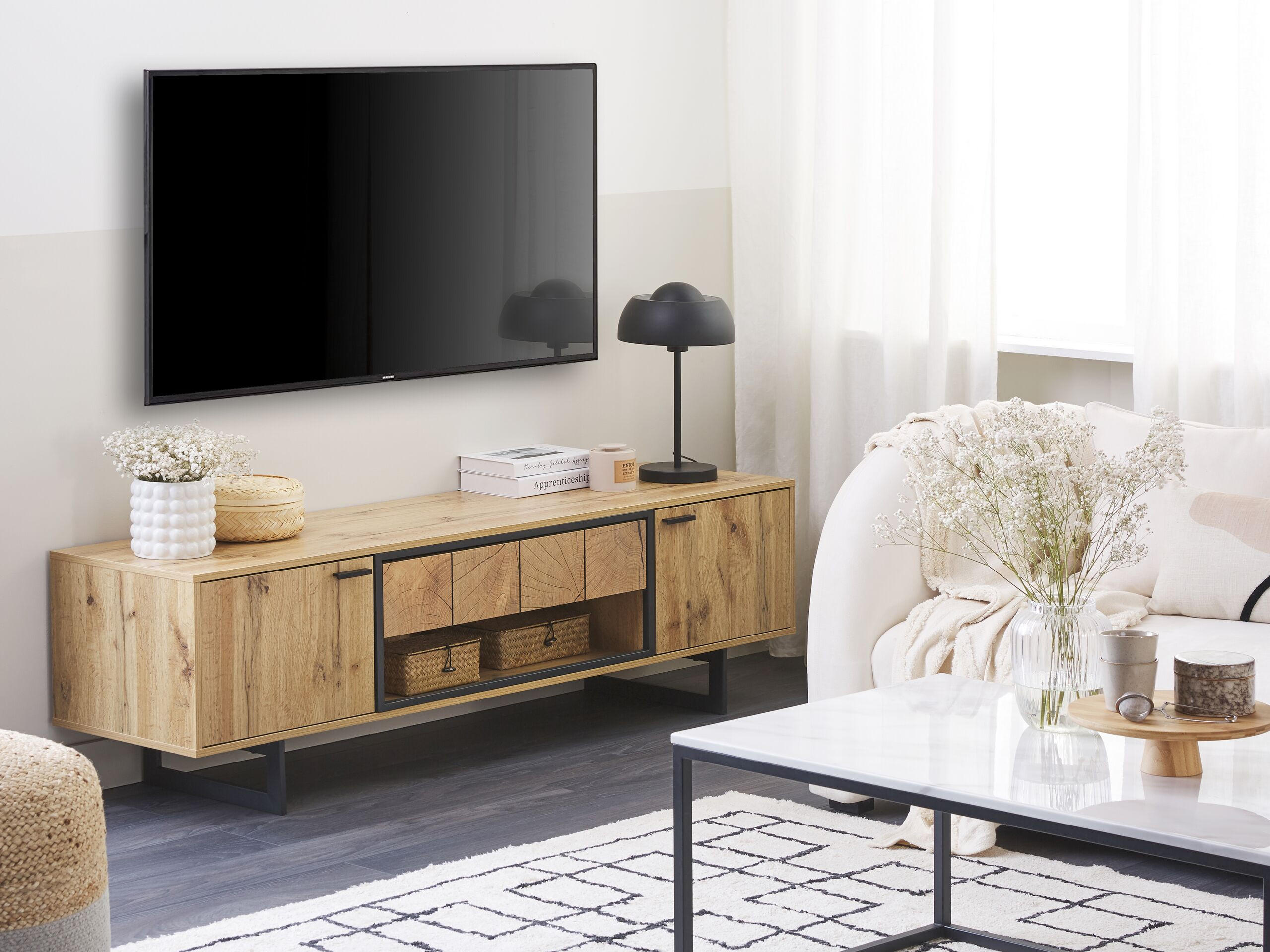 TV-MÖBEL Hellbraun, Schwarz BOISO 40/160/50 cm - Hellbraun, Holzwerkstoff (160/50/40cm) - Beliani