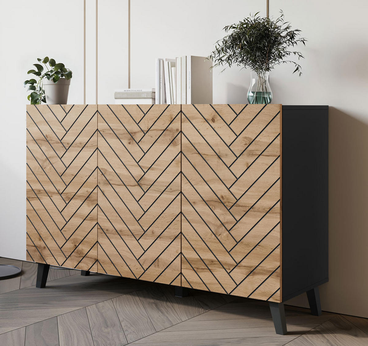 KOMMODE Phuket Graphit Schwarz / Wotan Eiche, Fischgrätenmuster 120 / 39 / 76 cm - Eiche Wotan/Schwarz, Holz/Holzwerkstoff (120/76/39cm) - Feldmann-Wohnen