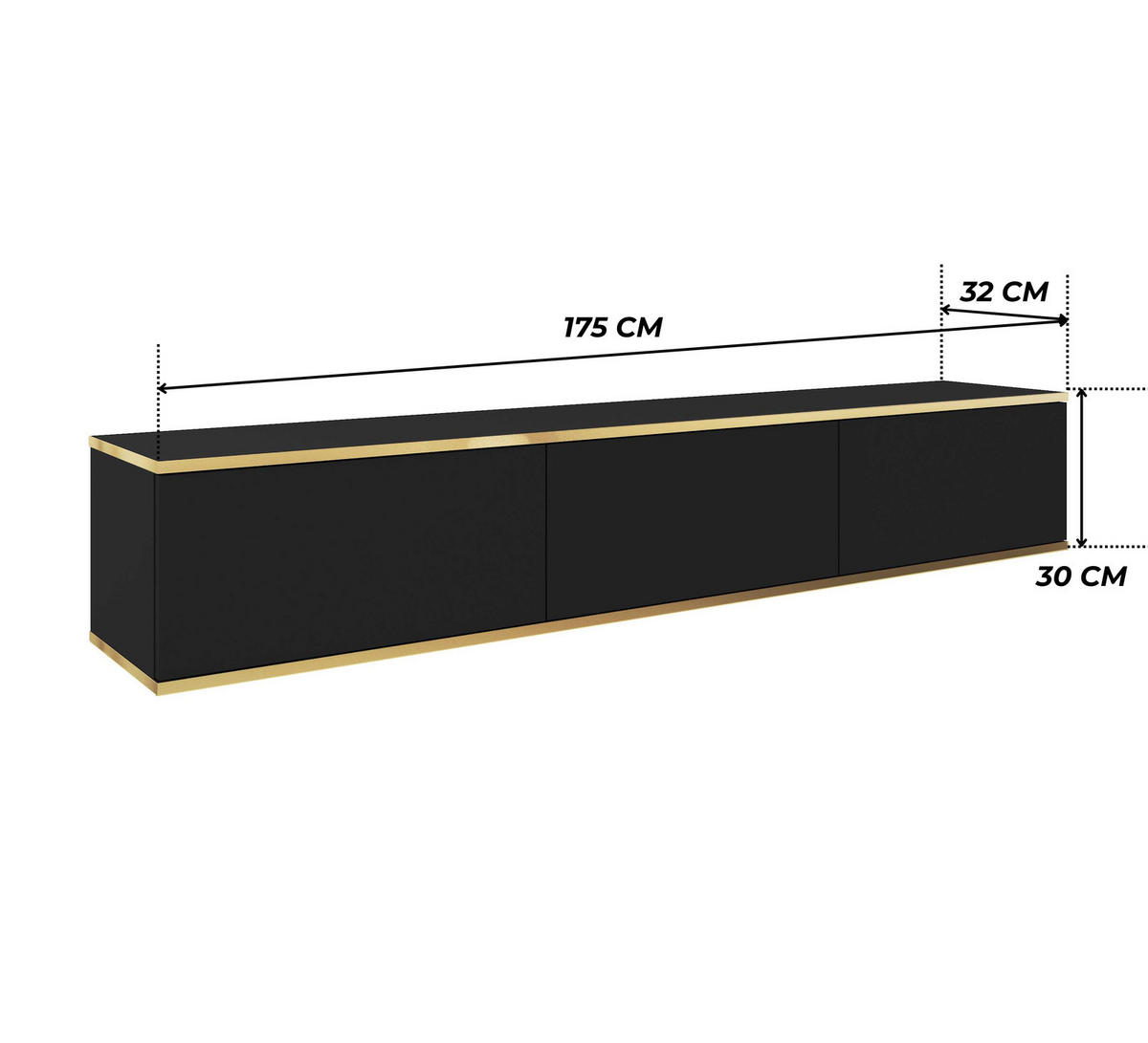 TV-LOWBOARD FORNO (Schwarz, Goldene Details, 3 Türen, 175 cm) - Schwarz, Holz/Holzwerkstoff (175/30/32cm) - Ravio