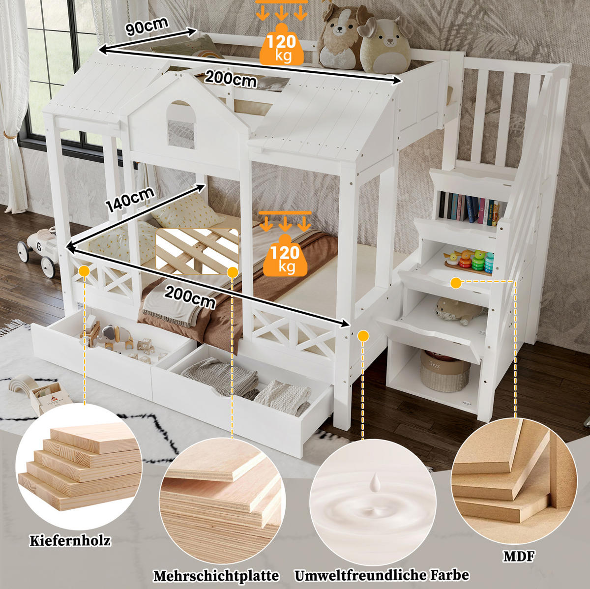 ETAGENBETT 90/200 & 140/200 cm Weiß mit Spielhaus-Design und Stauraum - Weiß, Holzwerkstoff (90/200cm) - Flora Grace