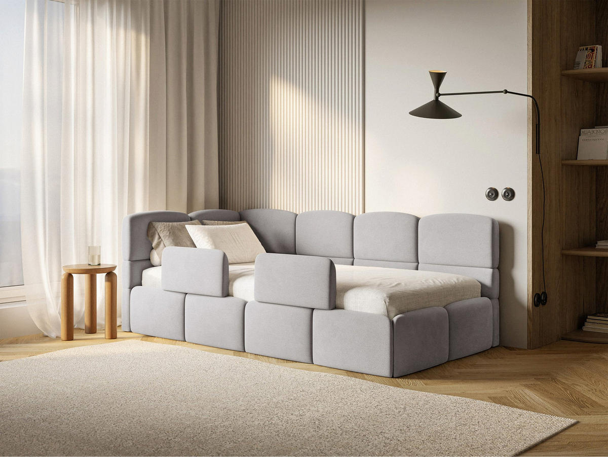 DETSKÁ POSTEĽ Cloudy svetlosivá 90x200 cm, s matracom a zábranou, záhlavie vľavo, zamat - čierna/svetlosivá, textil/plast (90/200cm) - Selsey