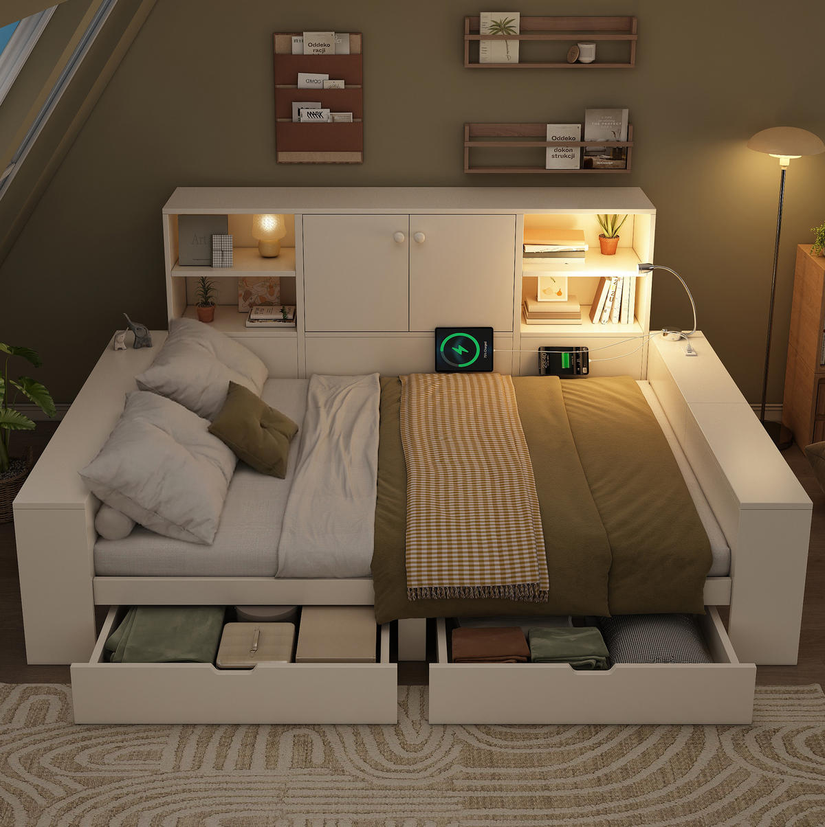 JUGENDBETT Stauraumbett 140/200 cm aus MDF und Sperrholz mit USB-Anschlüssen und Schubladen Weiß - Weiß, Holzwerkstoff (140/200cm) - Modenvie