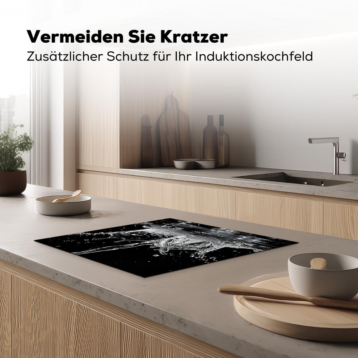 HERDABDECKPLATTE Wasser - Spritzwasser - Schwarz Herdabdeckung Induktionsfeld 60x52 cm - Schwarz, Kunststoff (60/52/0.2cm) - MuchoWow