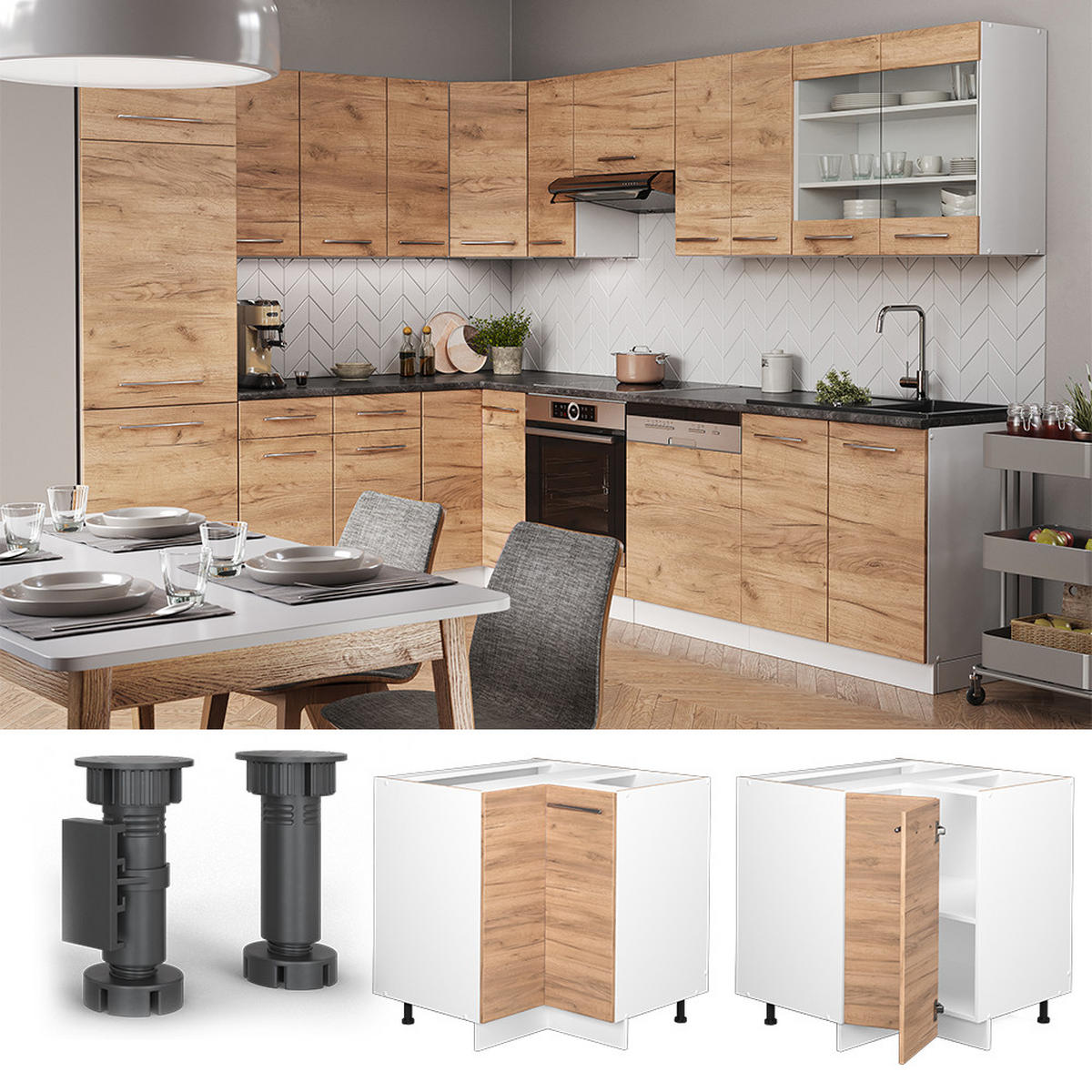 ECKUNTERSCHRANK Fame-Line Goldkraft Eiche 80.5 cm, AP Marmor - Honigeiche/Eiche Wotan, Holzwerkstoff (80.5/82/60cm) - Vicco