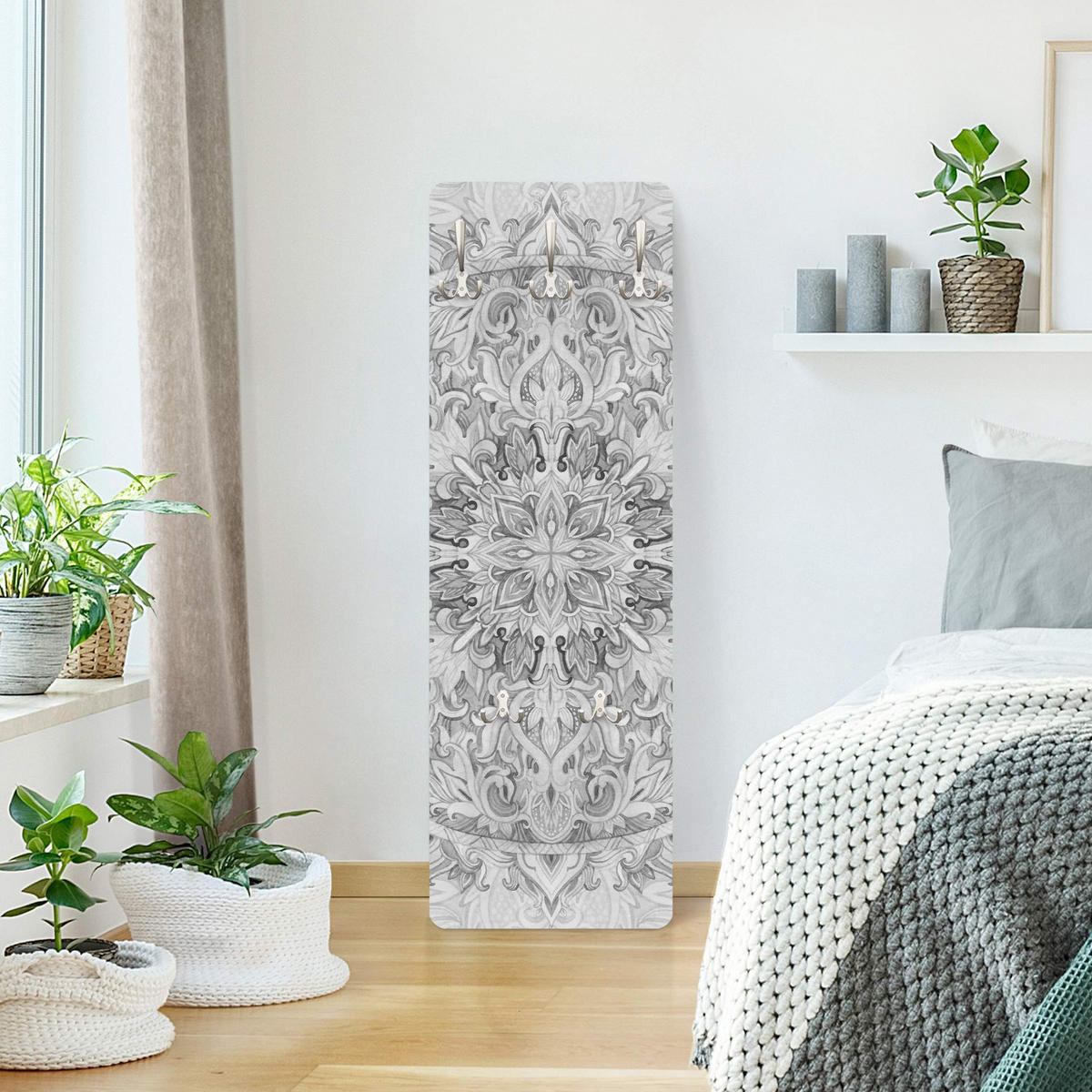 WANDGARDEROBE - Mandala Aquarell Ornament Muster Schwarz, Weiß 34/105 cm - Schwarz, Holzwerkstoff (34/105/1.6cm) - Bilderwelten