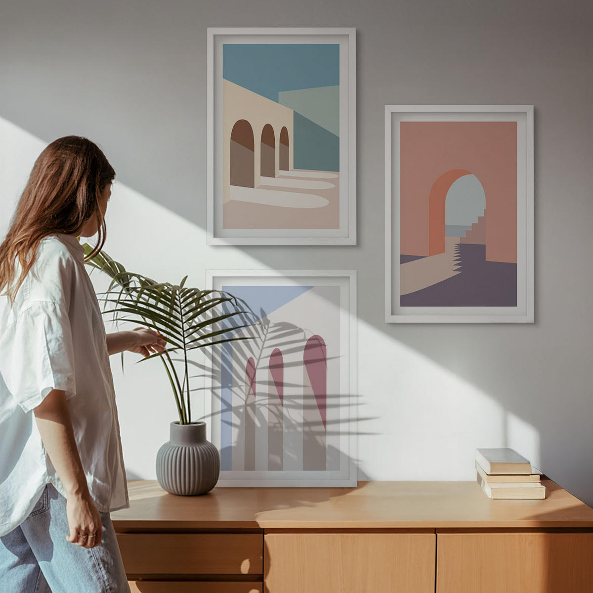 WANDBILDER 3er-Set - 40x60 cm Weißer Rahmen - Architekturgrafiken in Pastellfarben - Weiß, Kunststoff (40/60cm) - ArtPrintCave