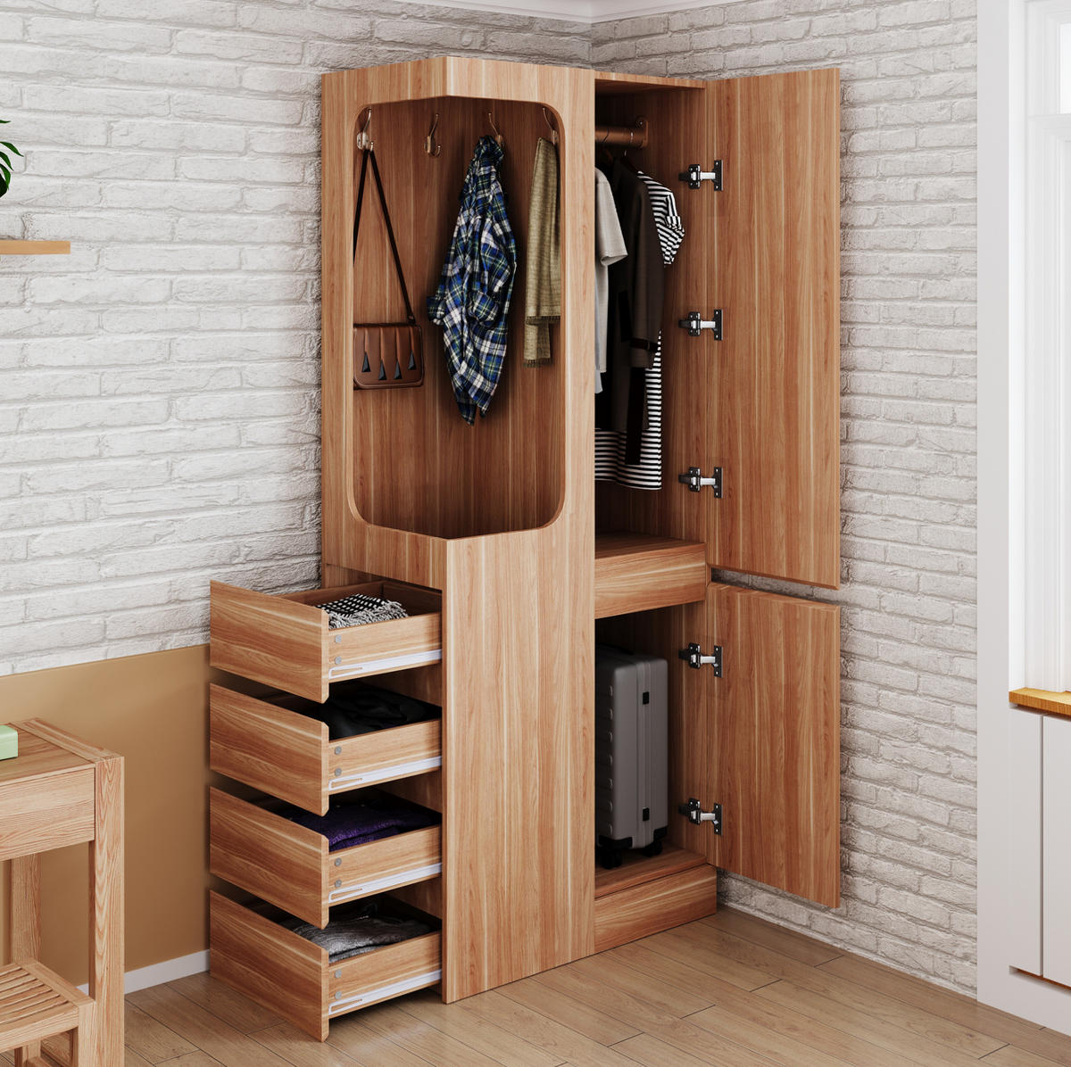 KLEIDERSCHRANK 70/40/170 cm in Weiß/Holzfarben mit Schubladen und offenem Fach - Naturfarben, Holz (70/170/40cm) - BEAOK
