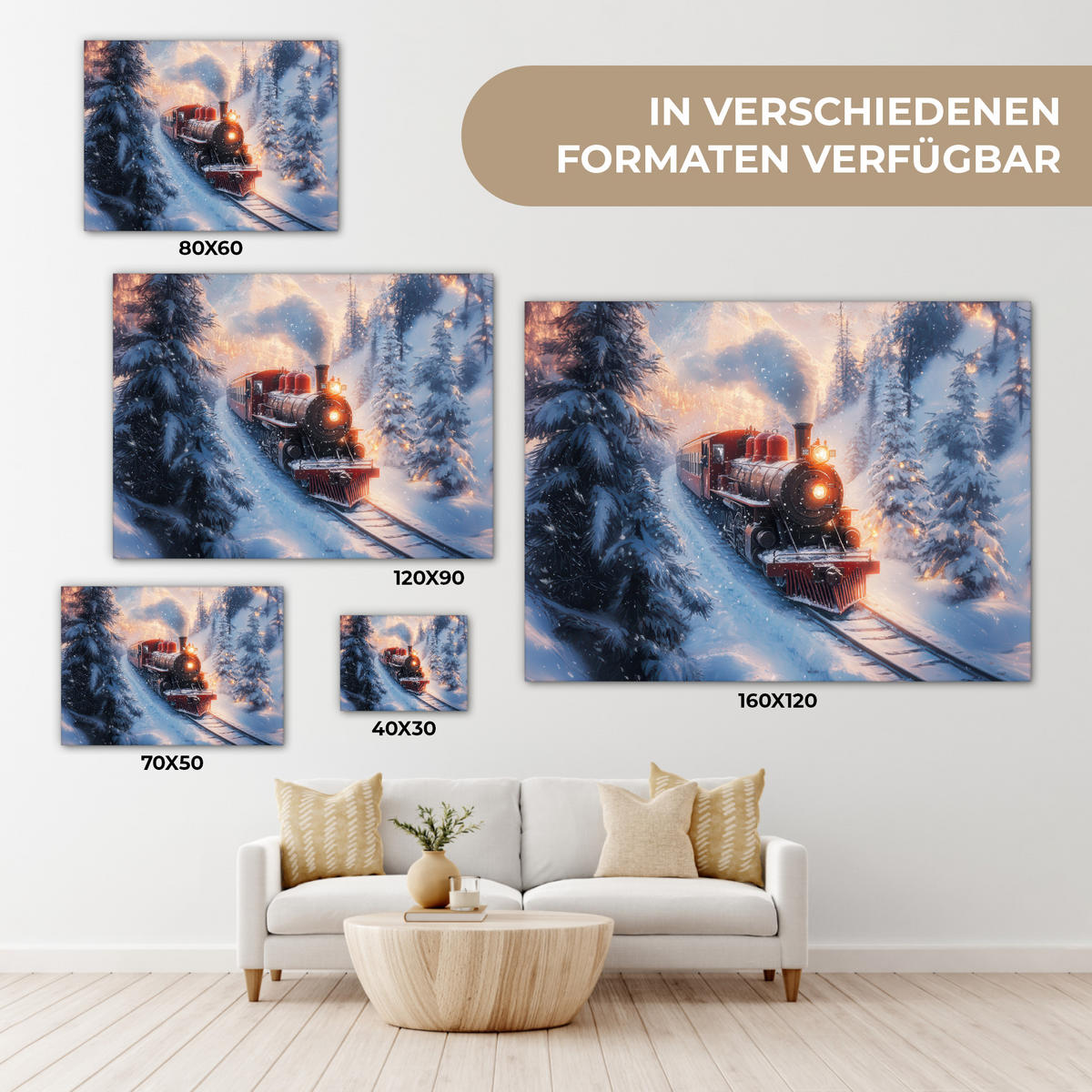 LEINWANDBILD Weihnachtszug - Schnee - Winter - Weihnachten Wandbilder 80x60 cm - Dunkelrot, Textil (80/60cm) - MuchoWow
