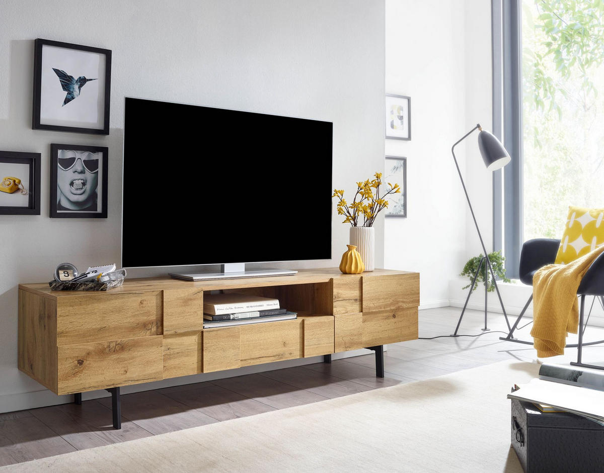 LOWBOARD Eiche-Dekor Modern Stil mit Kachelmuster für Konsolen und DVDs - Schwarz/Braun, Holz/Metall (160/46/43cm) - KADIMA DESIGN