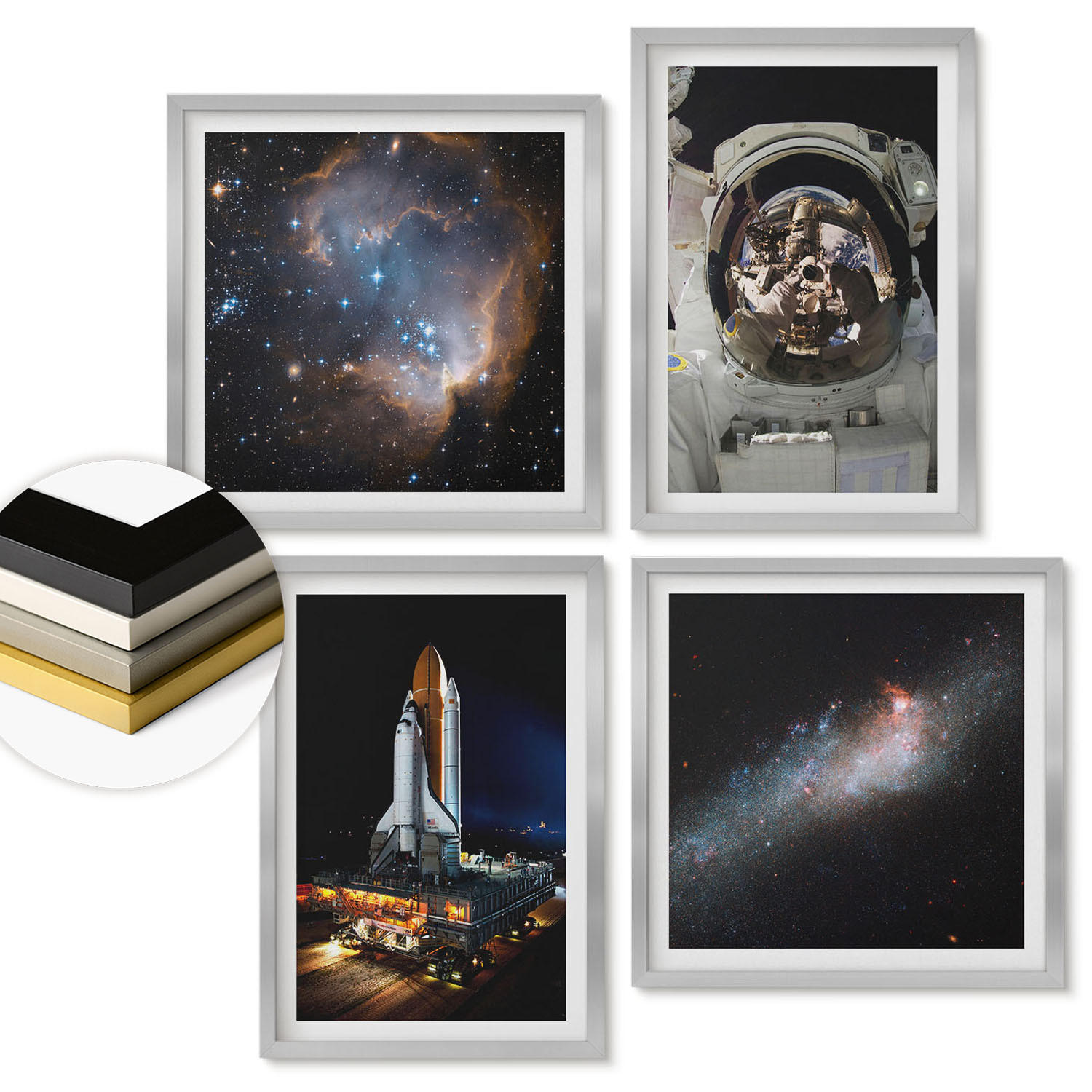 WANDBILDER 4er Set - 50x50 cm & 40x60 cm Silberner Rahmen - Astronauten landen auf dem Mond - Silberfarben, Kunststoff (50/50cm) - ArtPrintCave
