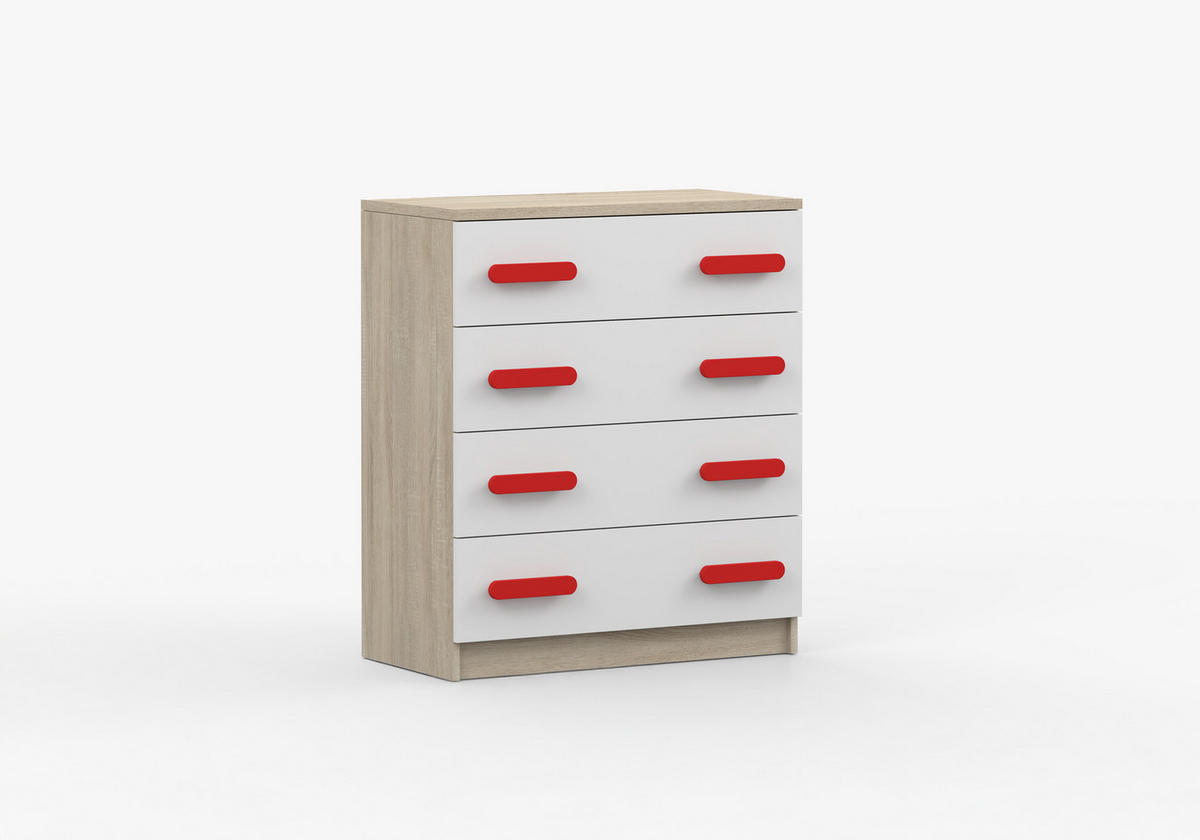 JUGENDZIMMER Elora in Eiche und Weiß – 4-teiliges Set mit Schreibtisch, Kommode, Wandregal und Schrank – Grifffarbe Rot - Braun, Holzwerkstoff (80/200/120cm)
