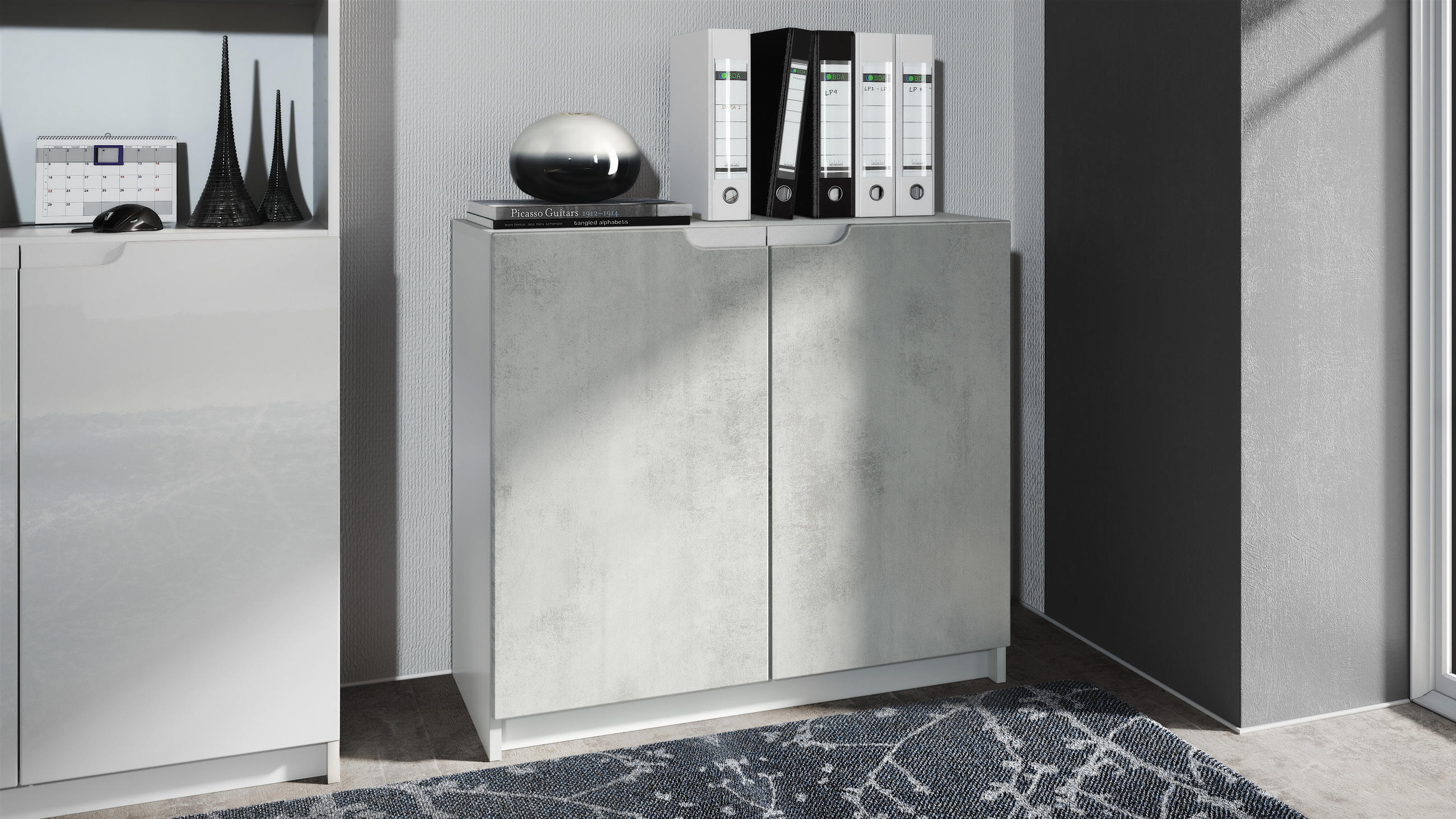KOMMODE Logan Fronten in Beton Oxid Optik - Hellgrau, Holzwerkstoff (82/78/37cm) - Vladon