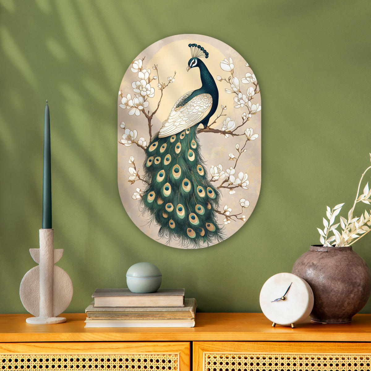 WANDBILD Pfau - Zweig - Blumen 40x60 cm - Champagner, Kunststoff (40/60cm) - MuchoWow