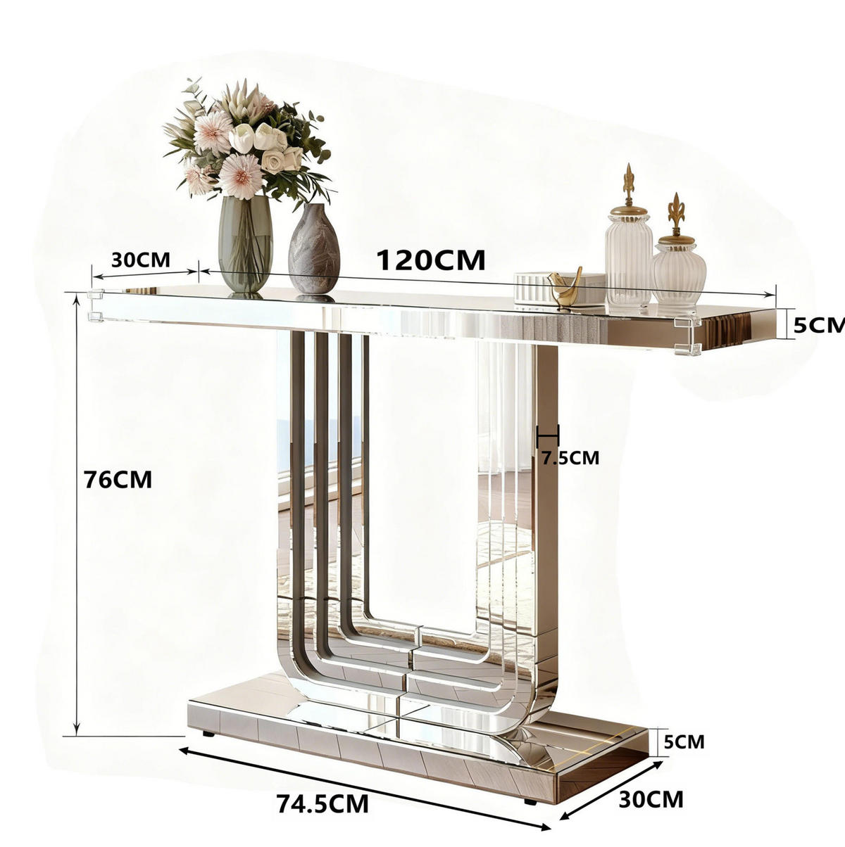 KONSOLENTISCH 120/30/76 cm silber aus Glas und MDF mit Spiegeloptik und U-Form-Basis - Silberfarben, Holzwerkstoff (120/30/76cm) - OKWISH