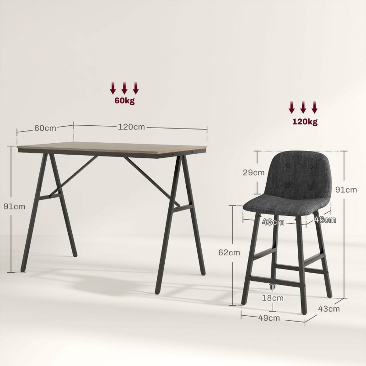 BARTISCH-SET DE-39268 120/60 cm Tisch mit 4 Hockern Dunkelgrau - Dunkelgrau, Holzwerkstoff (120/91/60cm) - ComfortXL