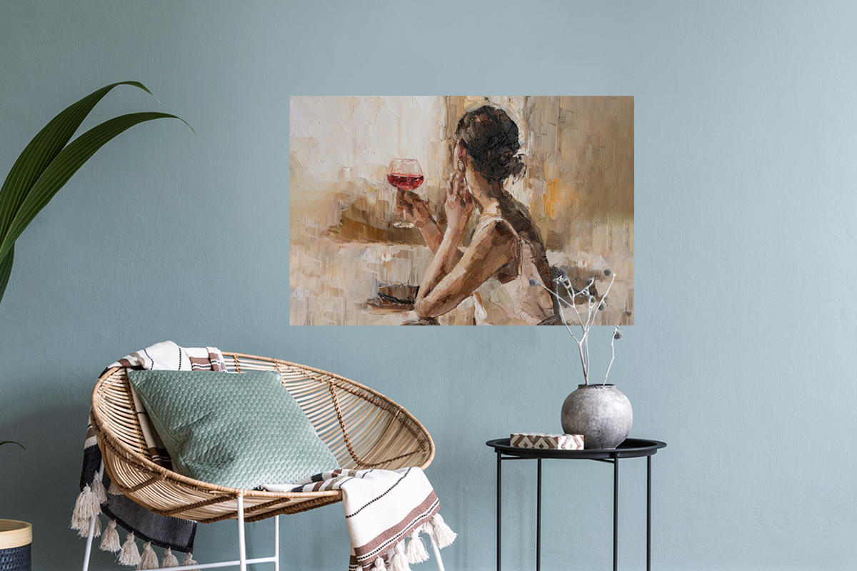 WANDTATTOO Ölgemälde - Frau - Wein 60x40 cm - Hellbraun, Kunststoff (60/40/0.1cm) - MuchoWow