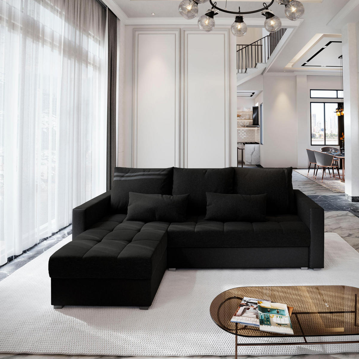 ECKSOFA KOS PIK Schwarz Dünner Stoff mit Schlaffunktion - Schwarz, Holz (220/140cm) - MASSENO
