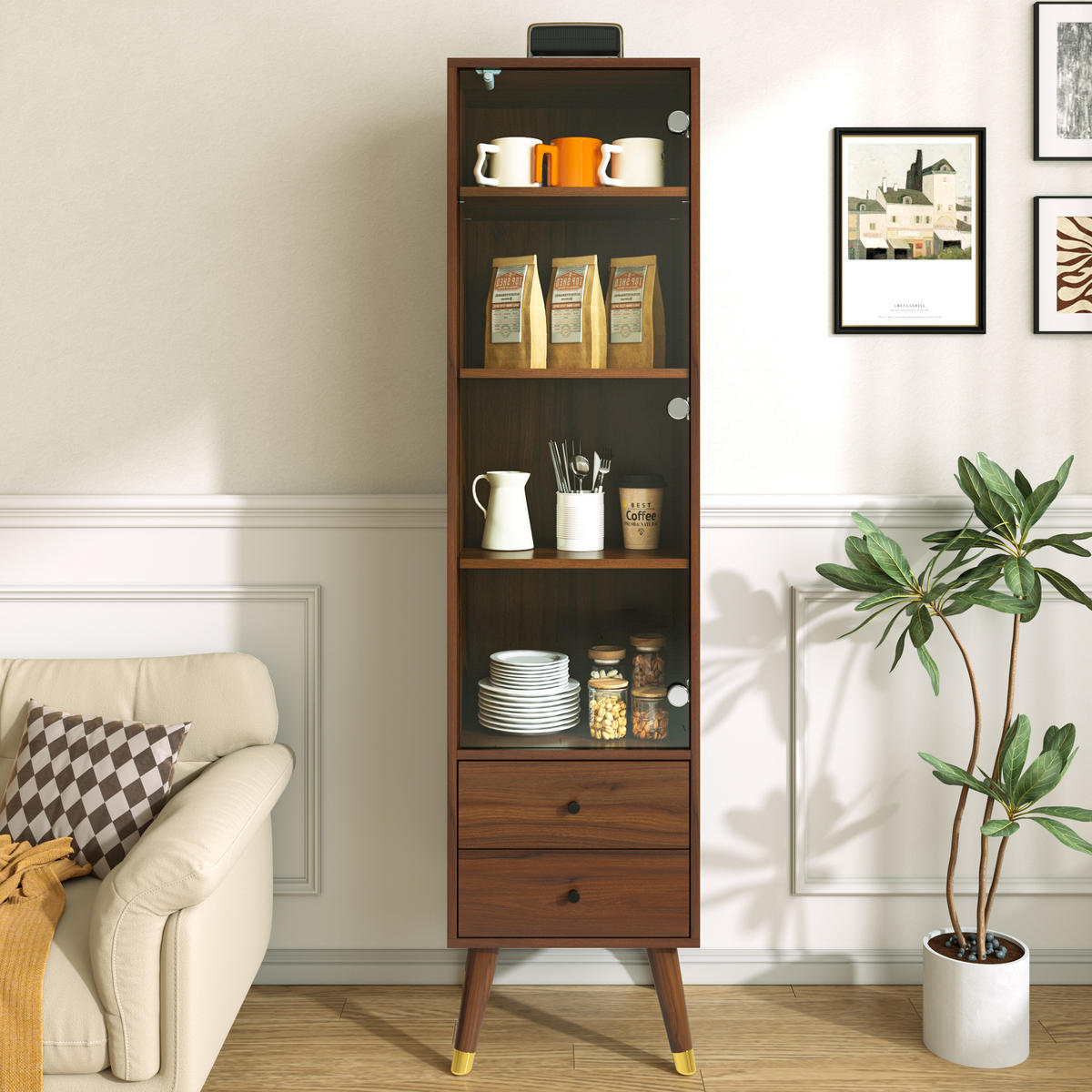VITRINE in Walnussfarben mit Glastür und 2 Schubladen für Wohnzimmer, B39,8/T35/H160 cm - Transparent/Walnussfarben, Glas/Holzwerkstoff (39.8/160/35cm) - STILVORA