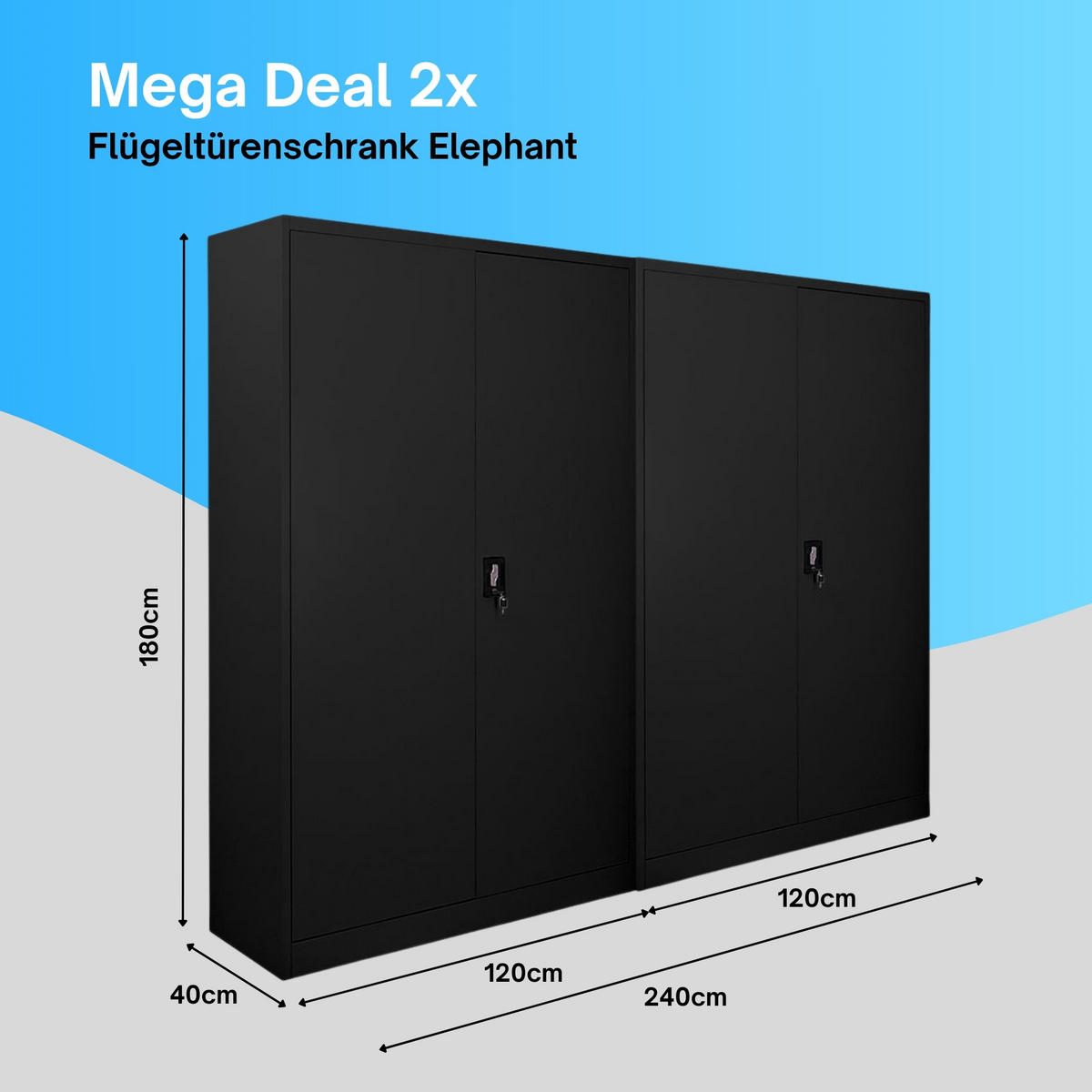FLÜGELTÜRENSCHRANK Elephant 2er-Set 180x120x40cm 4 Ebenen Schwarz - Schwarz, Metall (240/180/40cm) - PROREGAL