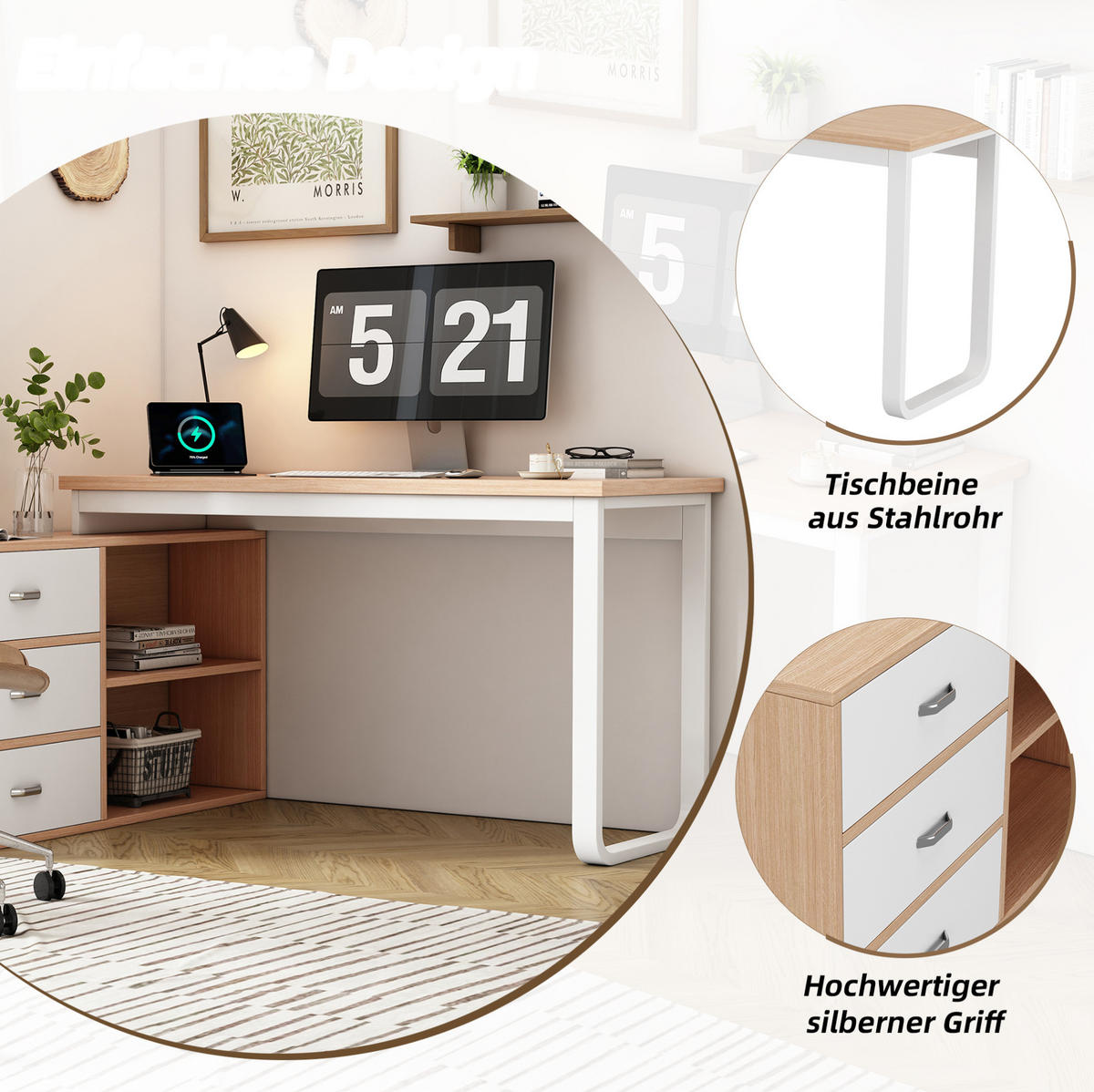 SCHREIBTISCH mit 3 Schubladen 147 x 100 x 75,3 cm MDF Metall Natural - Braun, Metall (147/100/75.3cm) - Meubliv