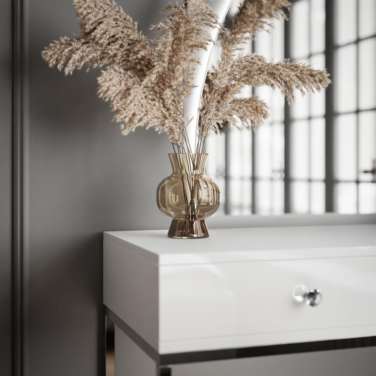 SCHMINKTISCH weiß QUINNIE GLAMOUR mit LED-Spiegel links Griff Kristall - Silberfarben/Weiß, Holzwerkstoff (100/176/42cm) - Lookway