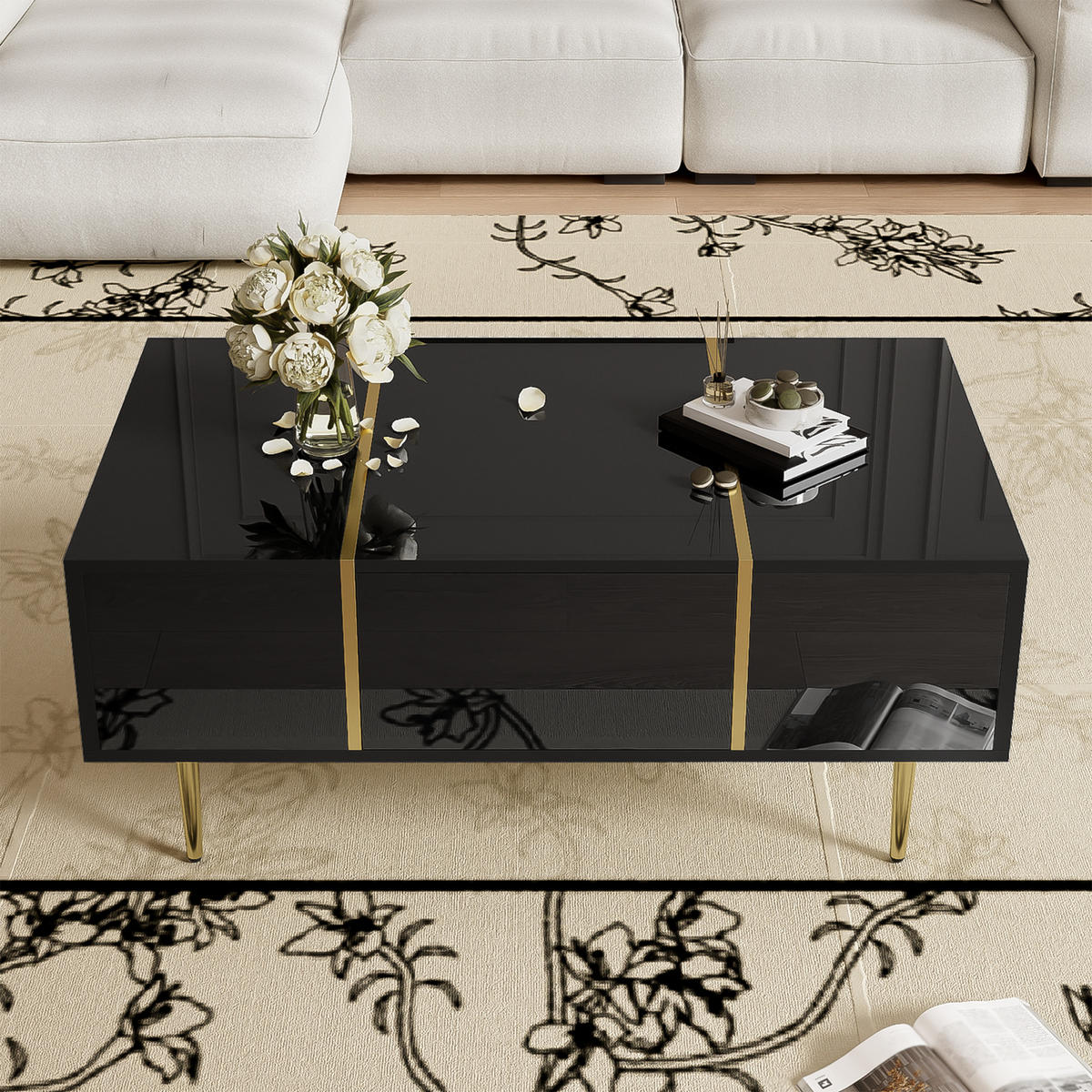 COUCHTISCH Schwarz Hochglanz - 100x60cm - 2 Schubladen - Schwarz, Holz (112.4/69.6/14.99cm) - Raelunyi