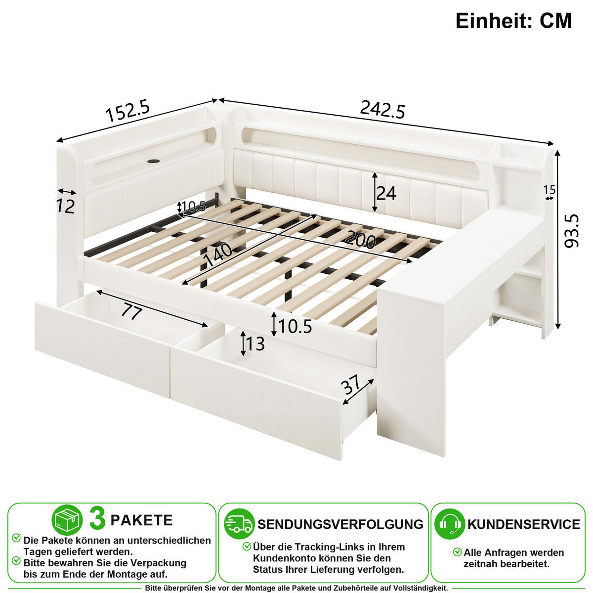 DENNÍ POSTEL 140/200 cm v bílé barvě s LED osvětlením, USB a 2 zásuvkami - bílá, kov/kompozitní dřevo (140/200cm) - CHICFURN