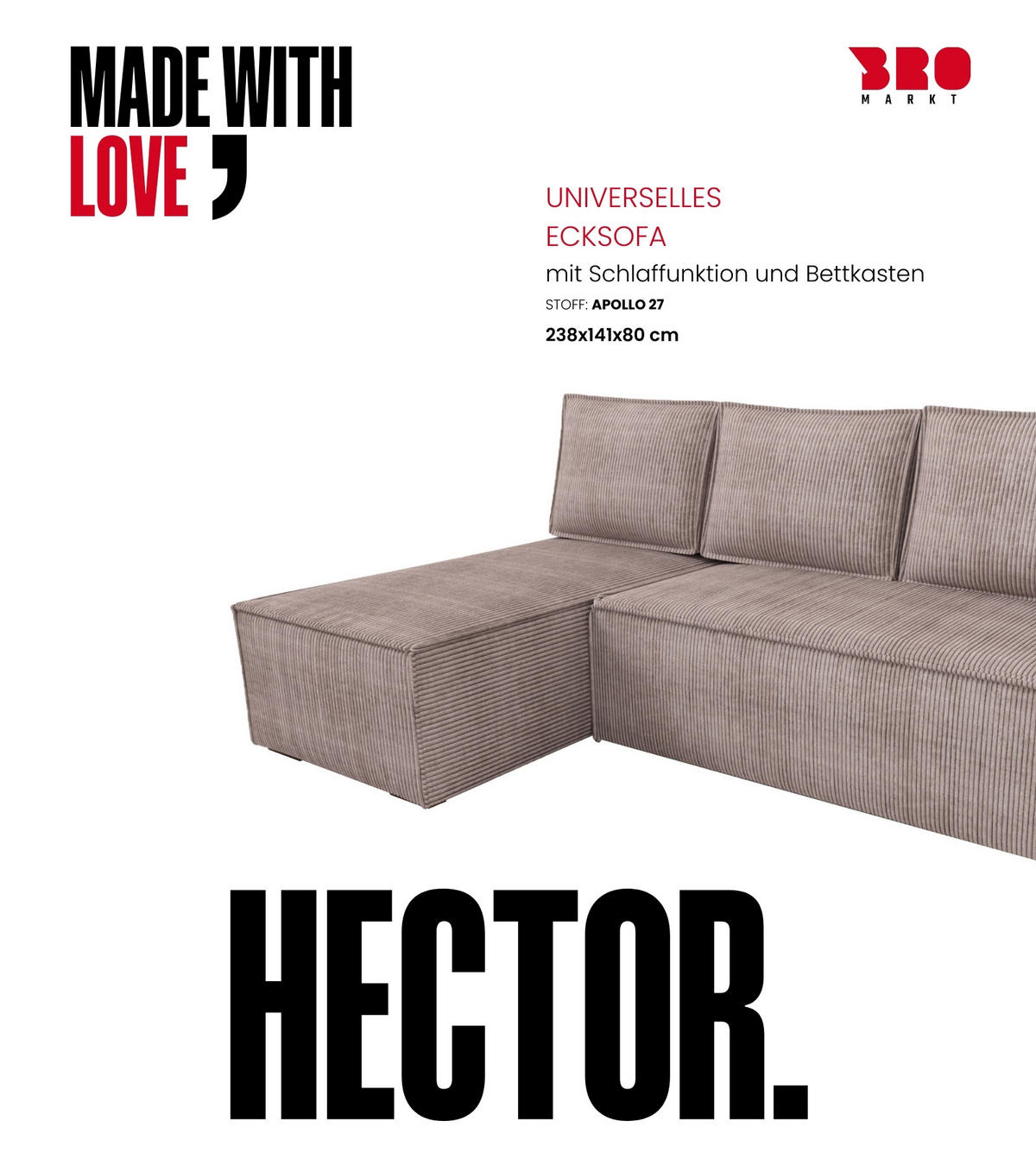 ECKSOFA Hector mit Schlaffunktion Puderrosa Cord - Rosa, Textil (200/141cm) - Bromarkt