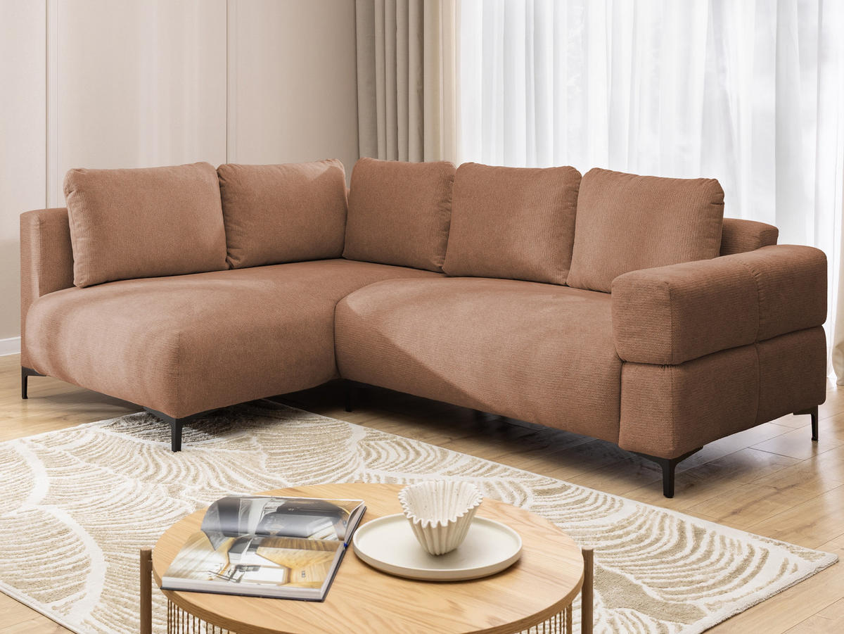 ECKSOFA Cardea in Bubble-Optik aus weichem Terrakotta Strukturstoff mit hohem Sitzkomfort - Ottomane links - Terracotta/Schwarz, Holz/Textil (170/230cm) - S-Style Möbel