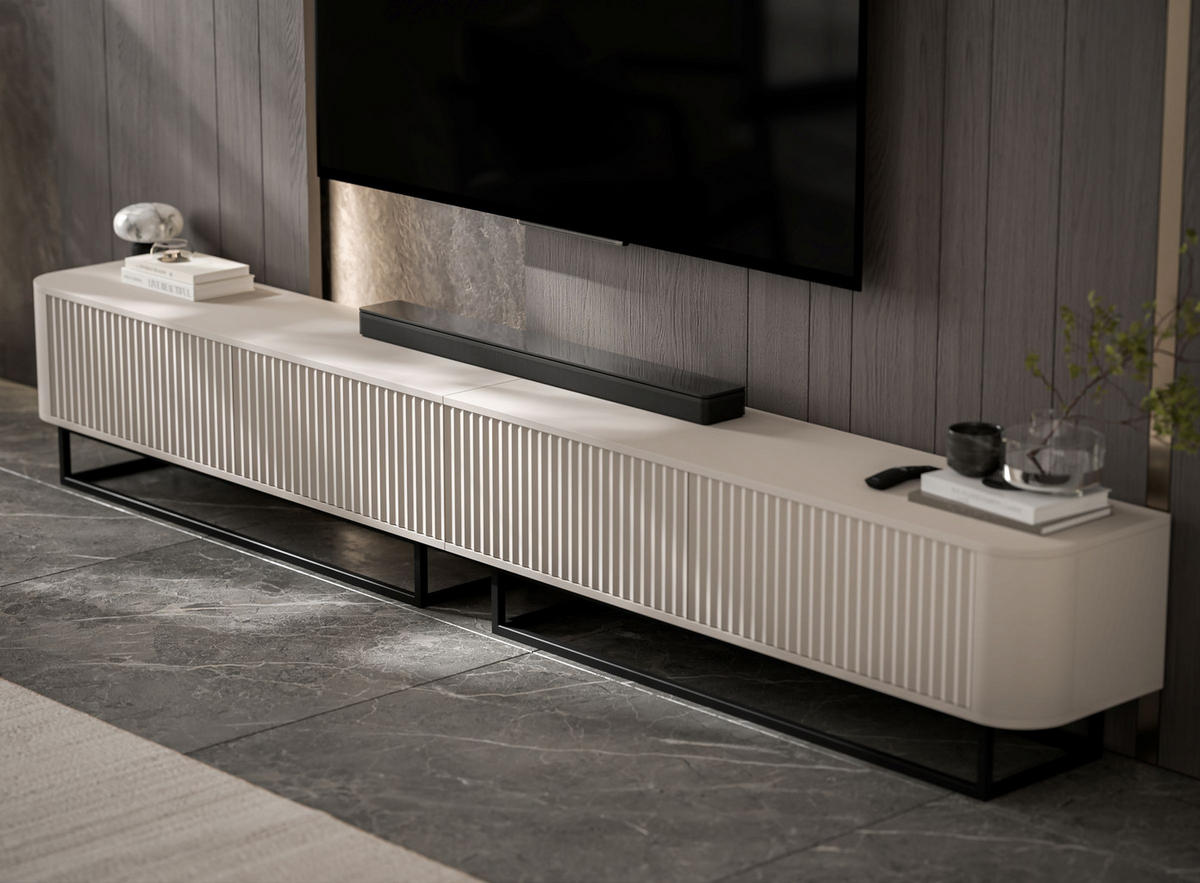 TV omarica Aurora, komplet 2 kosov s kovinskim okvirjem, mat kašmir, 280 cm - kašmir/črna, kovina/leseni material (280/44/35cm) - Meble Lindner