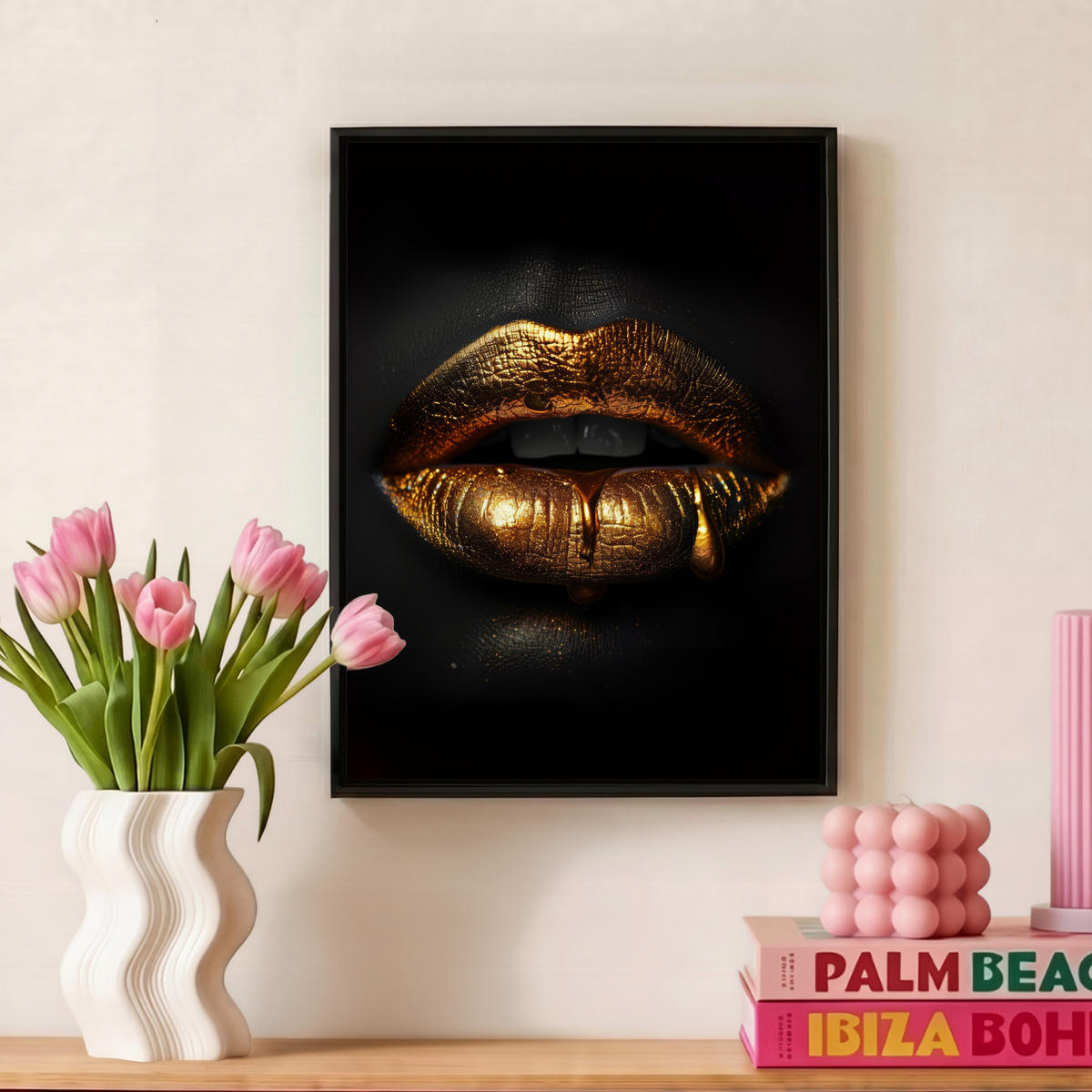 LEINWAND Bilder mit Rahmen - Frau - Porträt - Lippen - Gold - Schwarz - 30x40 - Schwarz, Textil (30/40cm) - MuchoWow