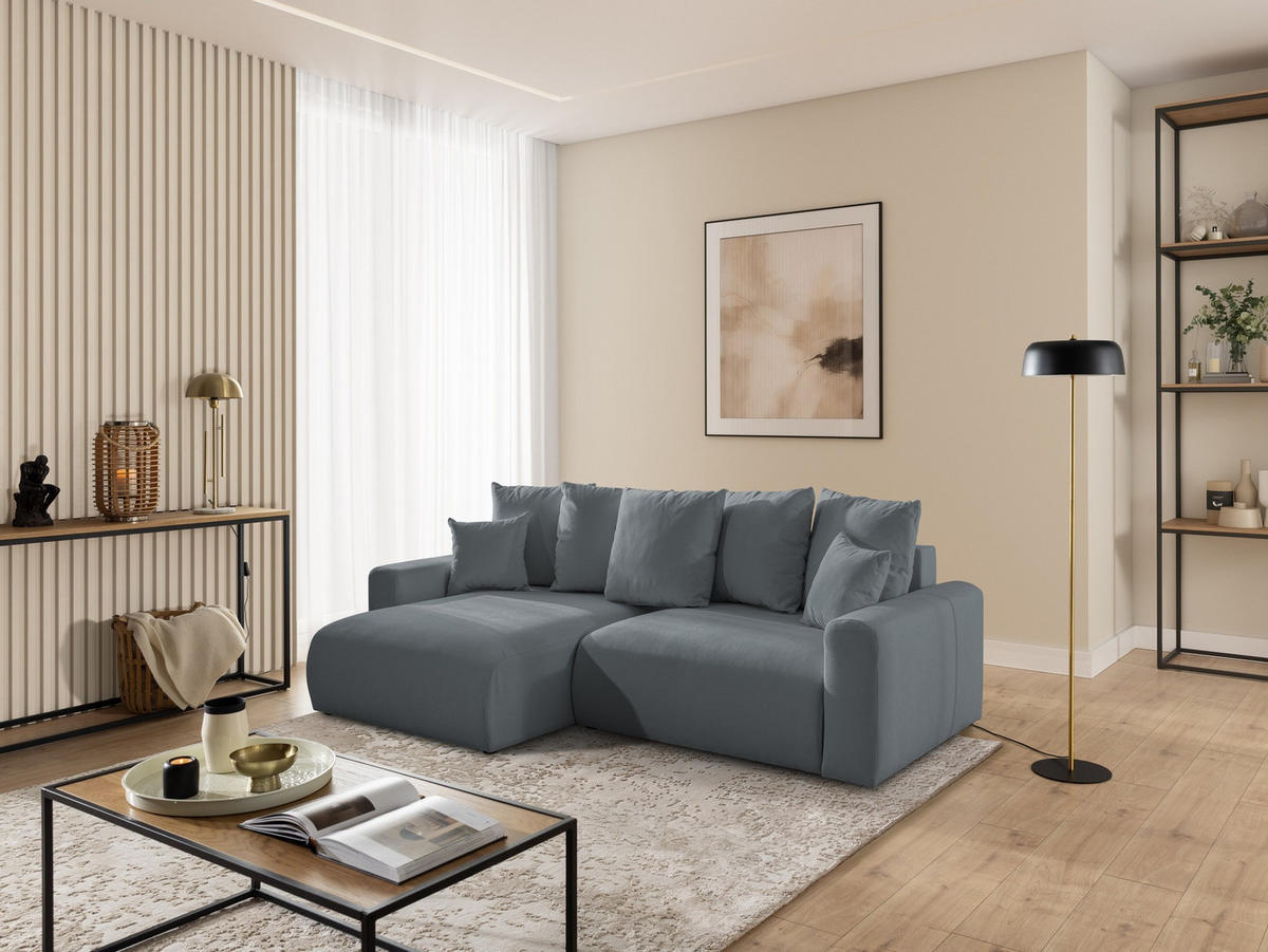ECKSOFA Calma mit Schlaffunktion und Bettkasten im Bumpy-Design aus weichem Dunkelgrau Webstoff - Ottomane links - Dunkelgrau/Schwarz, Holz/Kunststoff (239/140cm) - S-Style