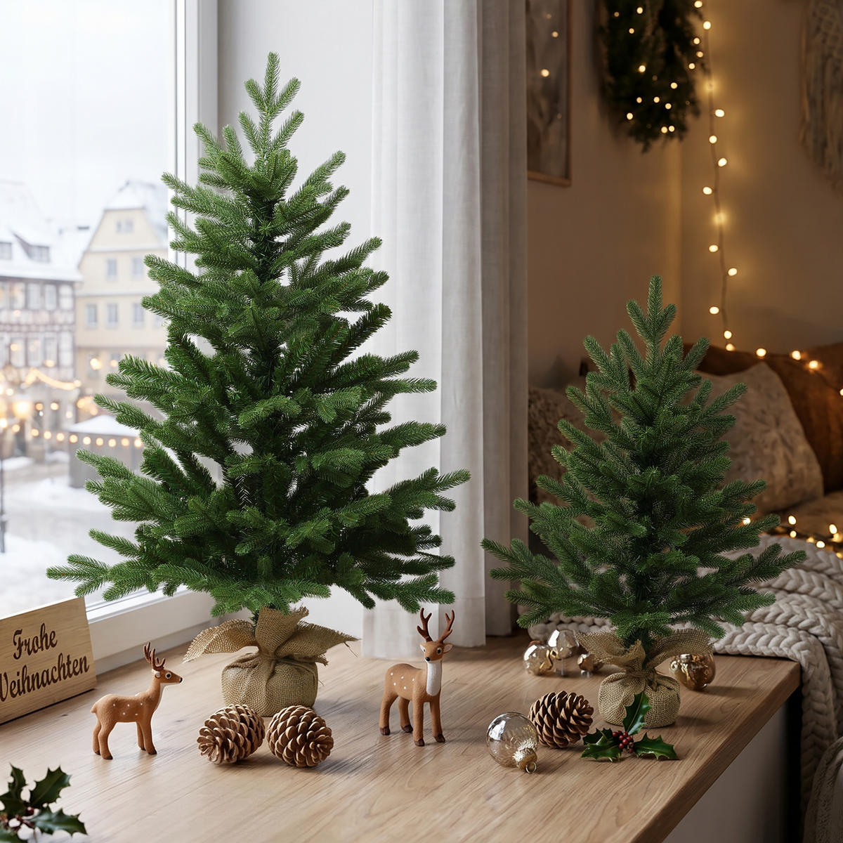 KÜNSTLICHER Weihnachtsbaum 2er Set, 60 & 90 cm, Fichten-Optik - Grün, Kunststoff (95cm) - Hometopia