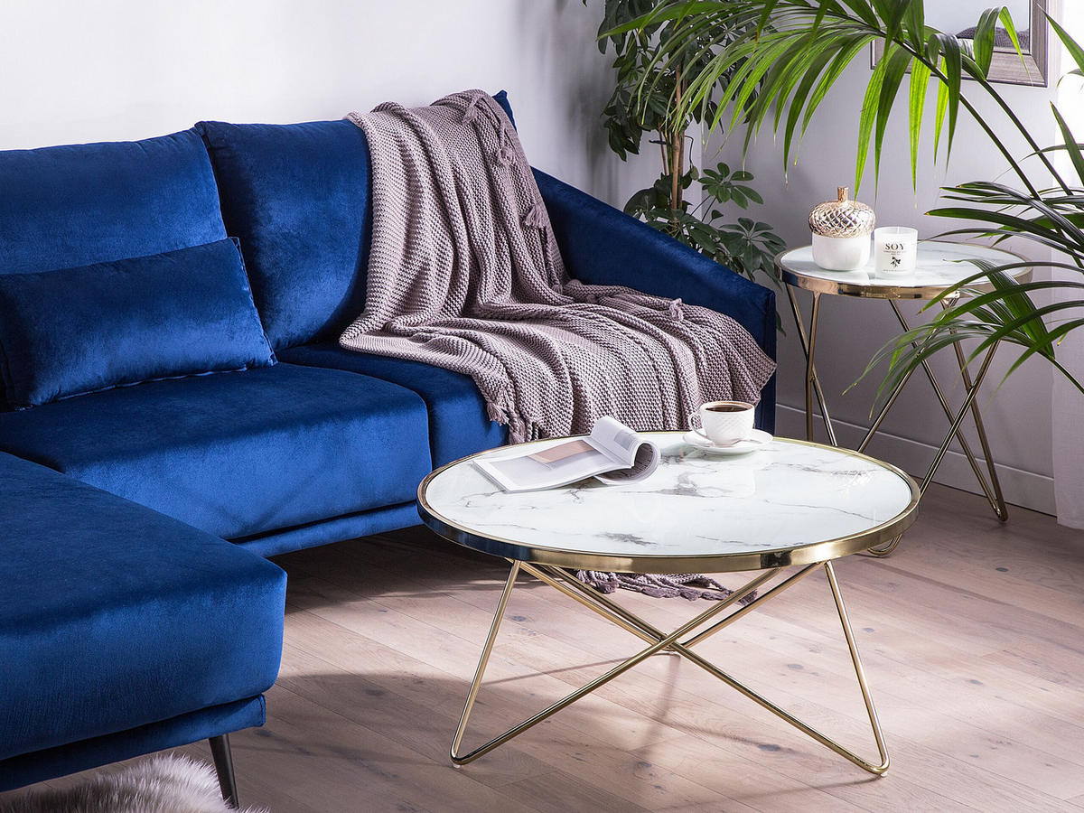 COUCHTISCH Marmor Optik weiß/gold 80 cm Meridian - Goldfarben/Weiß, Glas (80/80/40cm) - Beliani