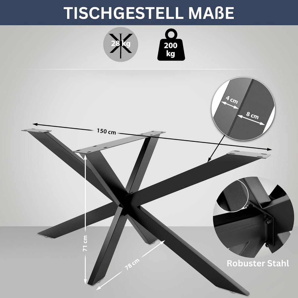 TISCHGESTELL Metall KRYT Schwarz matt 71x150x78 cm - Schwarz, Metall (150/71/78cm) - DELUKE