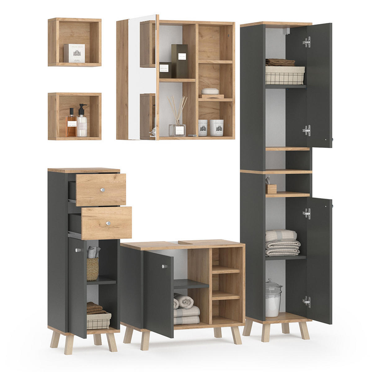 BADMÖBEL-SET Senyo Anthrazit 5 Teile - Honigeiche/Anthrazit, Holzwerkstoff (62/54/32cm) - Vicco