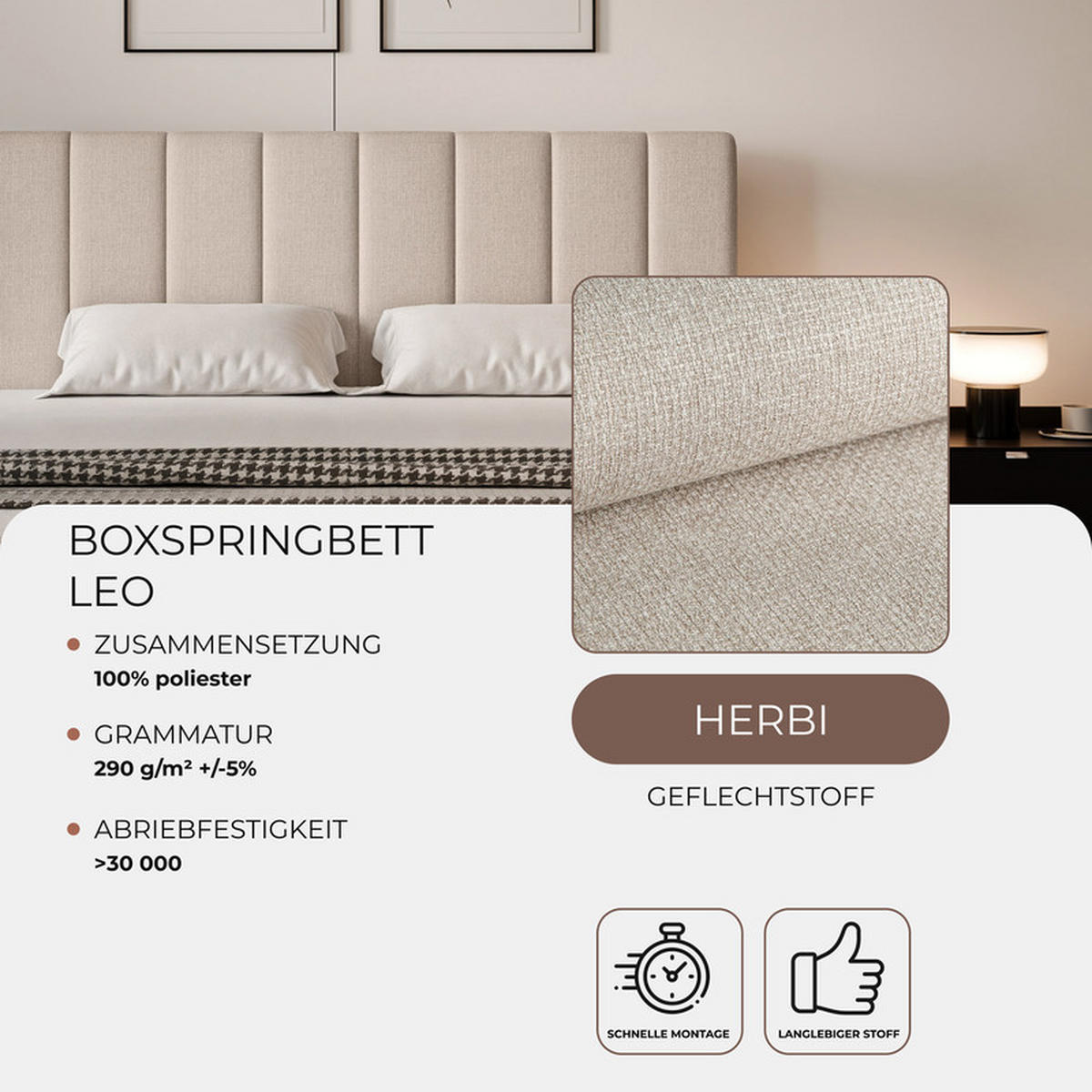 BOXBETT LEO 200/200 cm mit Matratze und Topper, Hellbeige - Sandfarben/Schwarz, Holzwerkstoff/Kunststoff (200/200cm) - Idohome