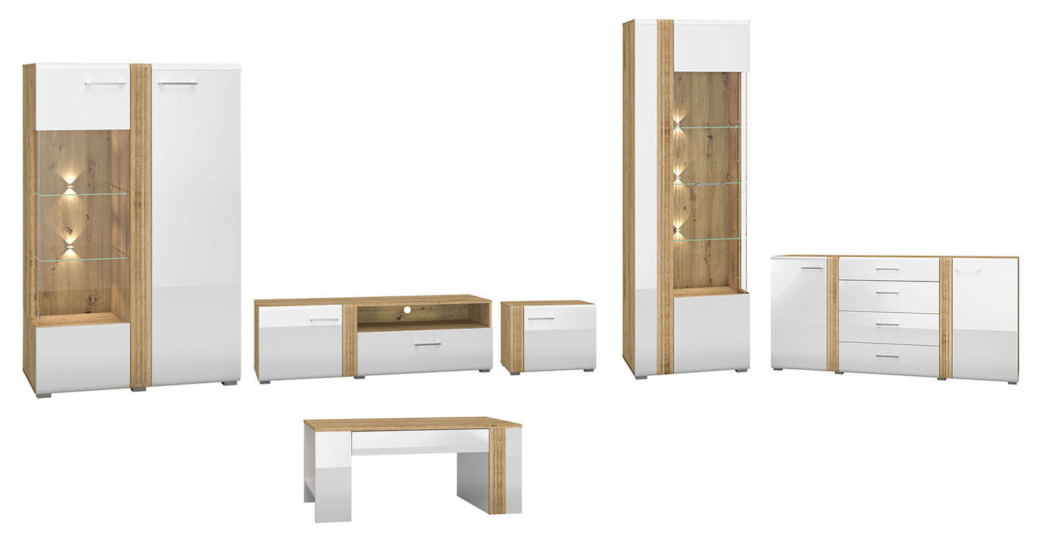 WOHNZIMMER-SET Adagio weiß Hochglanz / Eiche castello 6-teilig - Weiß Hochglanz/Weiß, Holz/Holzwerkstoff (557/196/42cm) - Feldmann-Wohnen