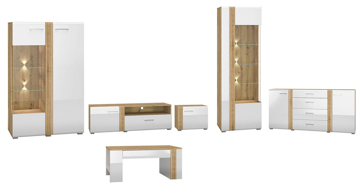 WOHNZIMMER-SET Adagio weiß Hochglanz / Eiche castello 6-teilig - Weiß Hochglanz/Weiß, Holz/Holzwerkstoff (557/196/42cm) - Feldmann-Wohnen