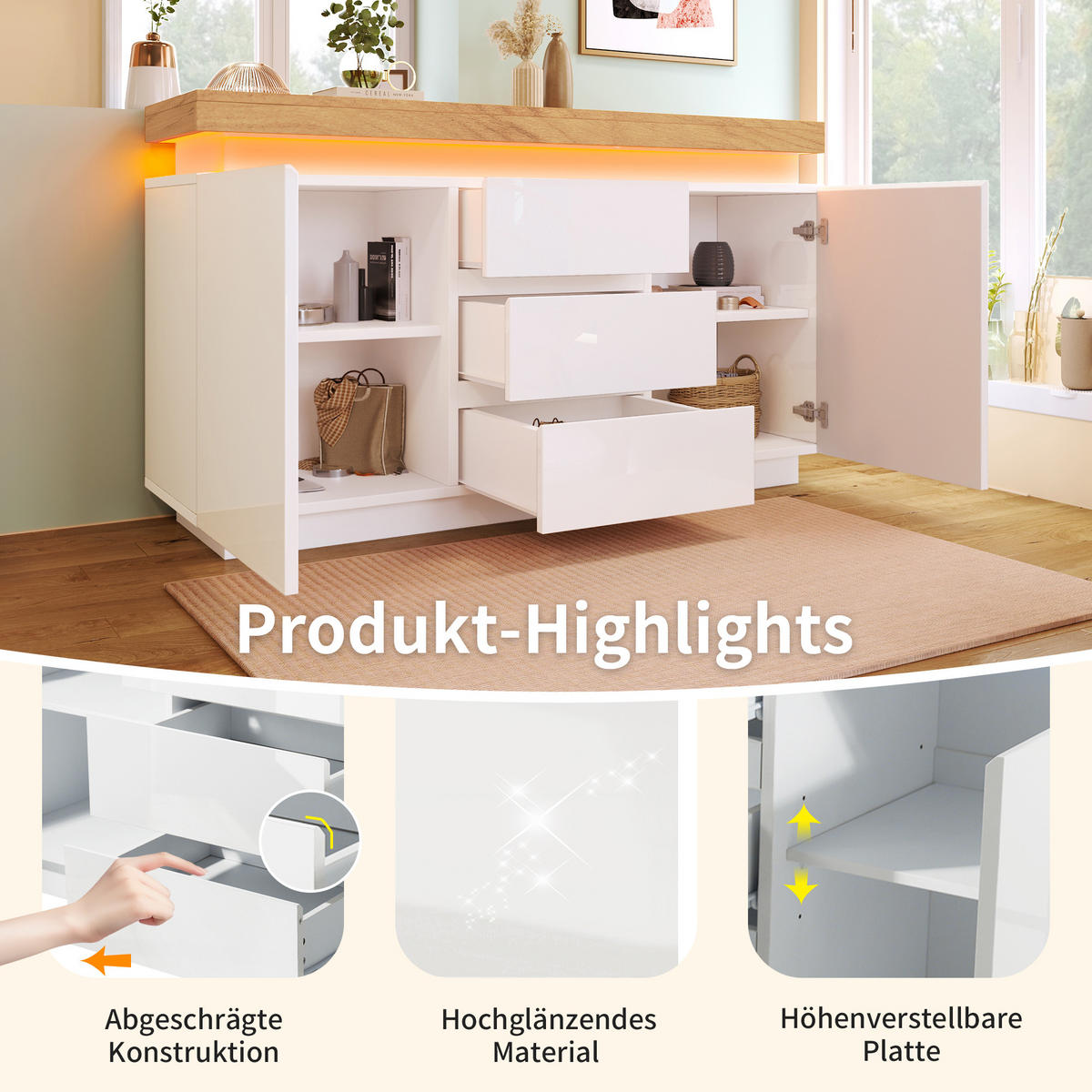 SIDEBOARD 140 cm in Weiß Hochglanz mit Smart-LED & 3 Schubladen - Weiß, Holzwerkstoff (140/81/39cm) - Urban Meuble