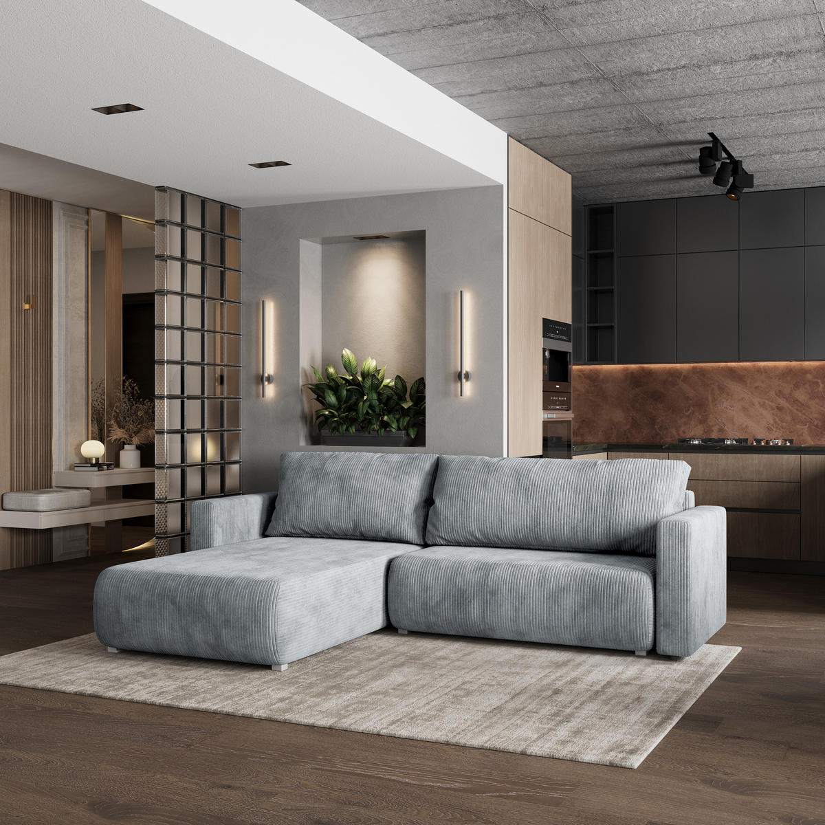 ROHOVÁ SEDAČKA TURIN světle šedá - šedá/světle šedá, dřevo/textil (265/183cm) - MASSENO